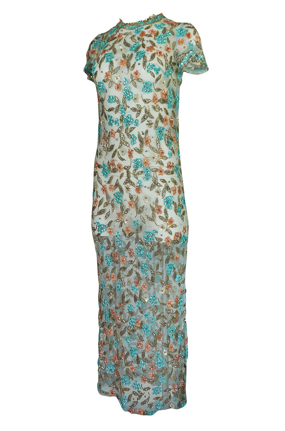 1960s French Pale Blue Hand Beaded & Sequin on Net Dress