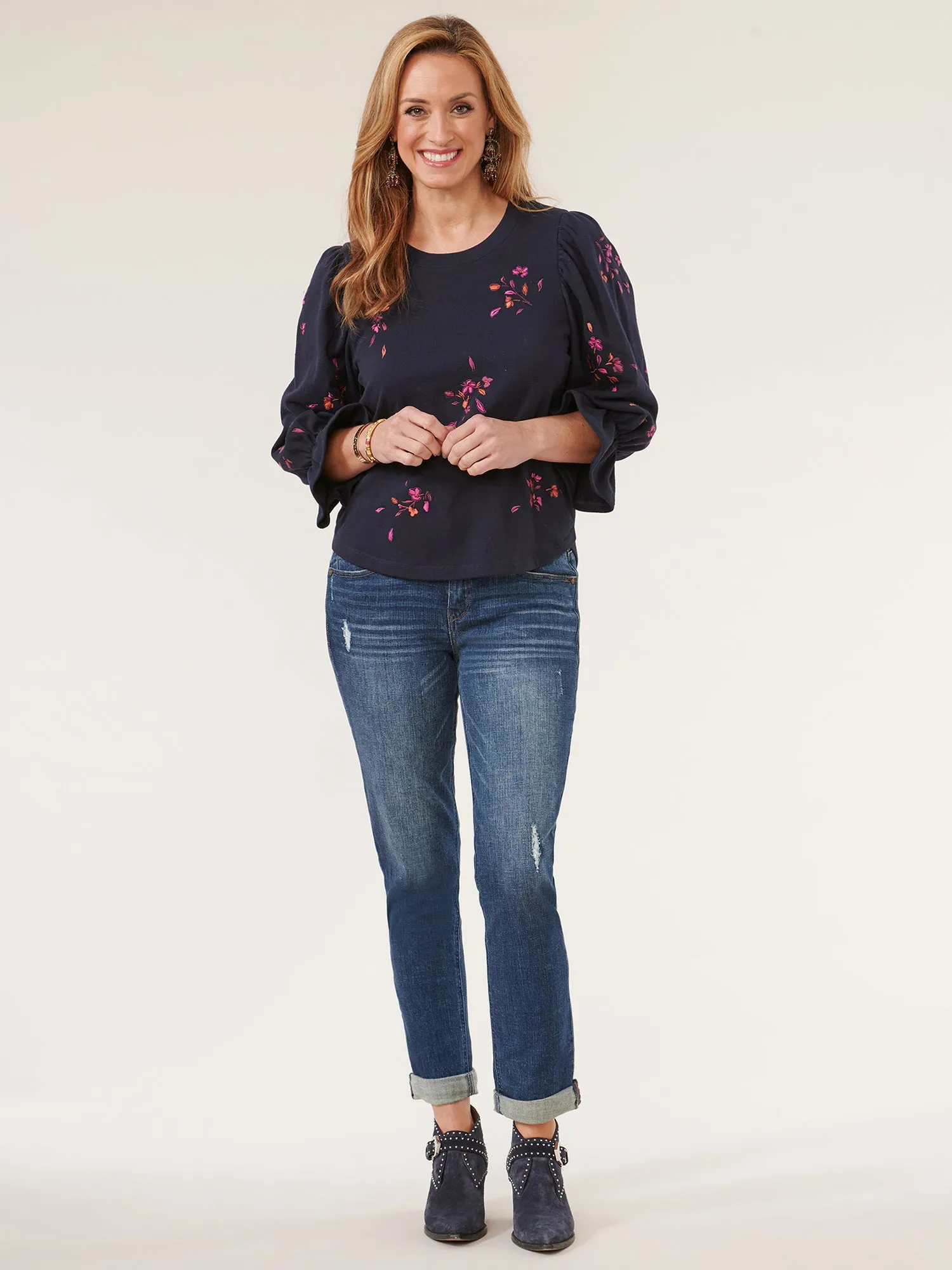 3/4 Blouson Sleeve Petite Surplus Hem Embroidered Sweatshirt