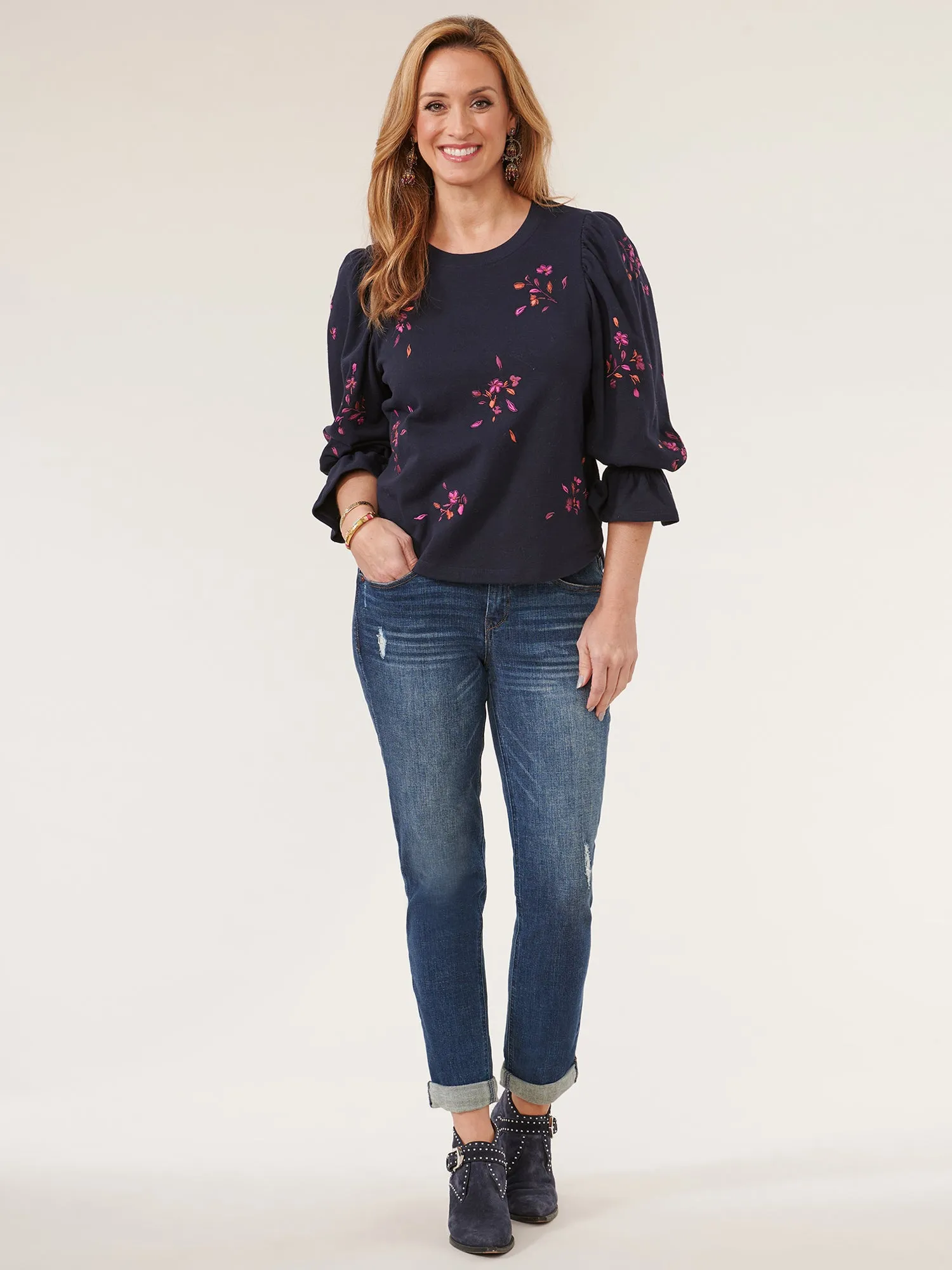 3/4 Blouson Sleeve Petite Surplus Hem Embroidered Sweatshirt