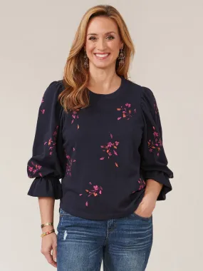 3/4 Blouson Sleeve Petite Surplus Hem Embroidered Sweatshirt