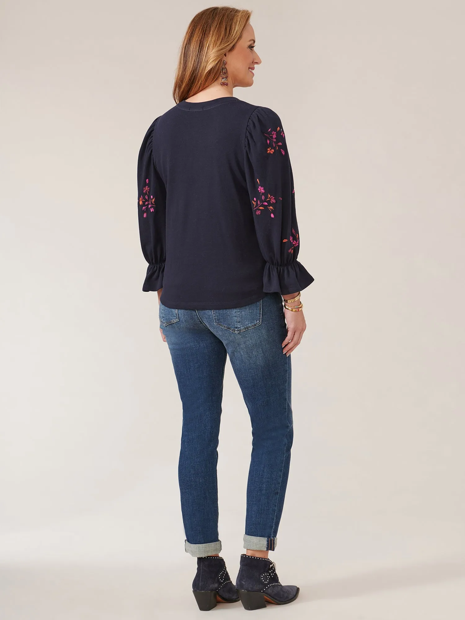 3/4 Blouson Sleeve Petite Surplus Hem Embroidered Sweatshirt