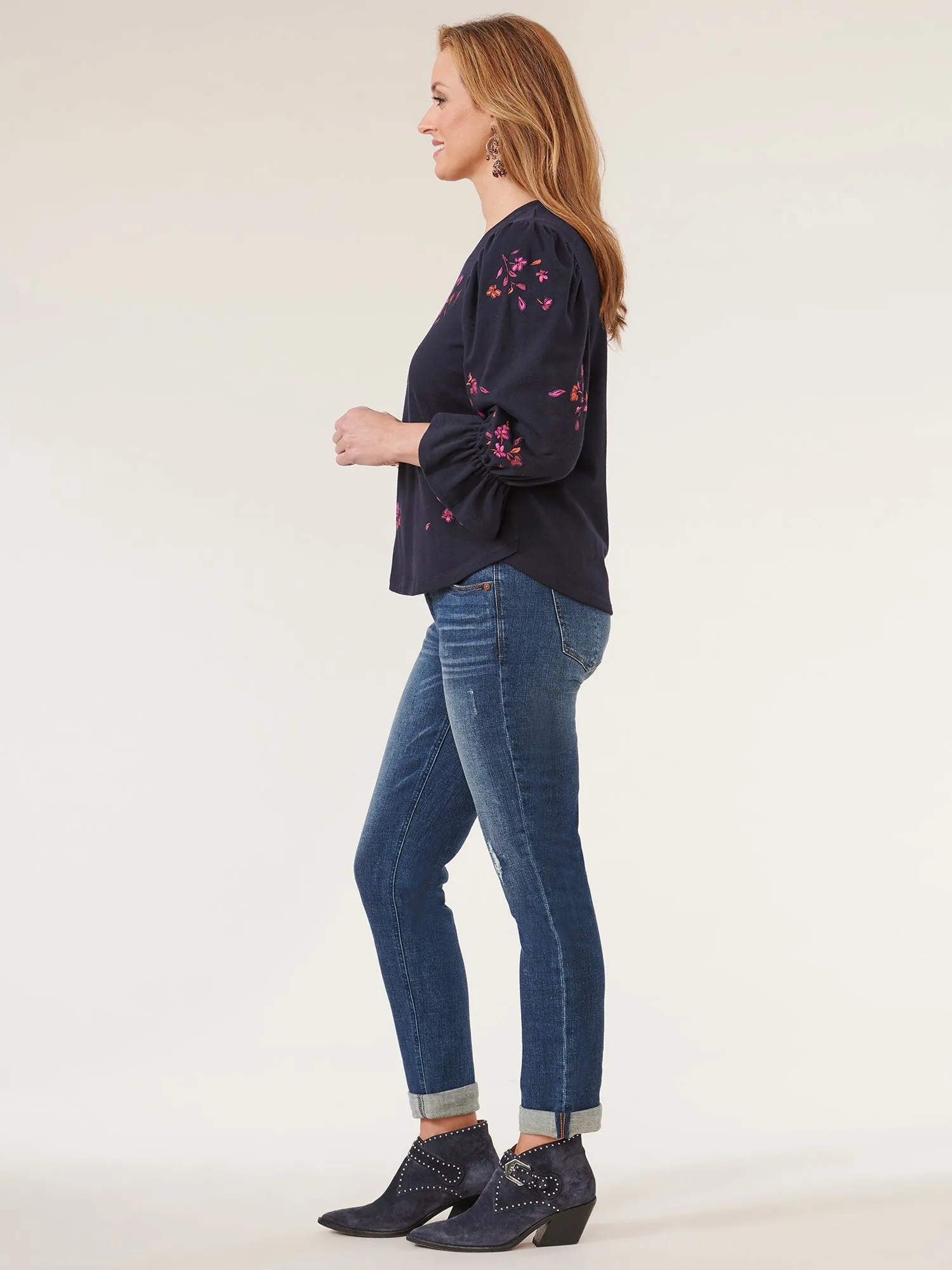 3/4 Blouson Sleeve Petite Surplus Hem Embroidered Sweatshirt