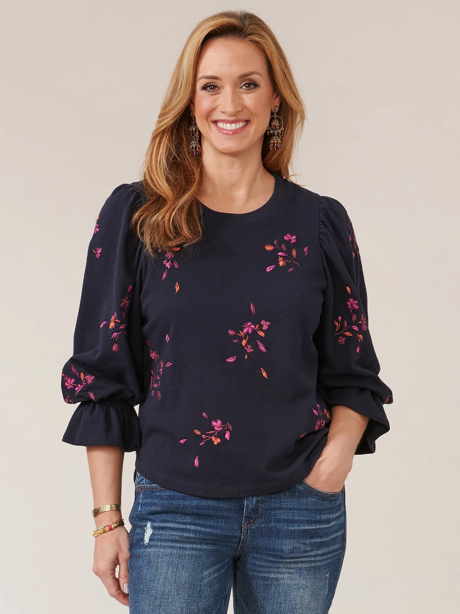 3/4 Blouson Sleeve Petite Surplus Hem Embroidered Sweatshirt