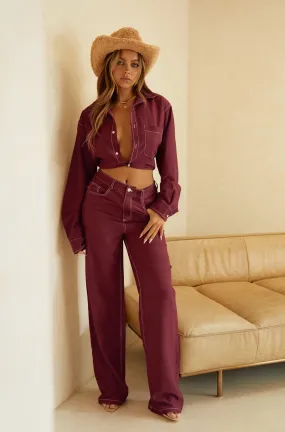 Aleza High Waist Wide Leg Pant - Burgundy
