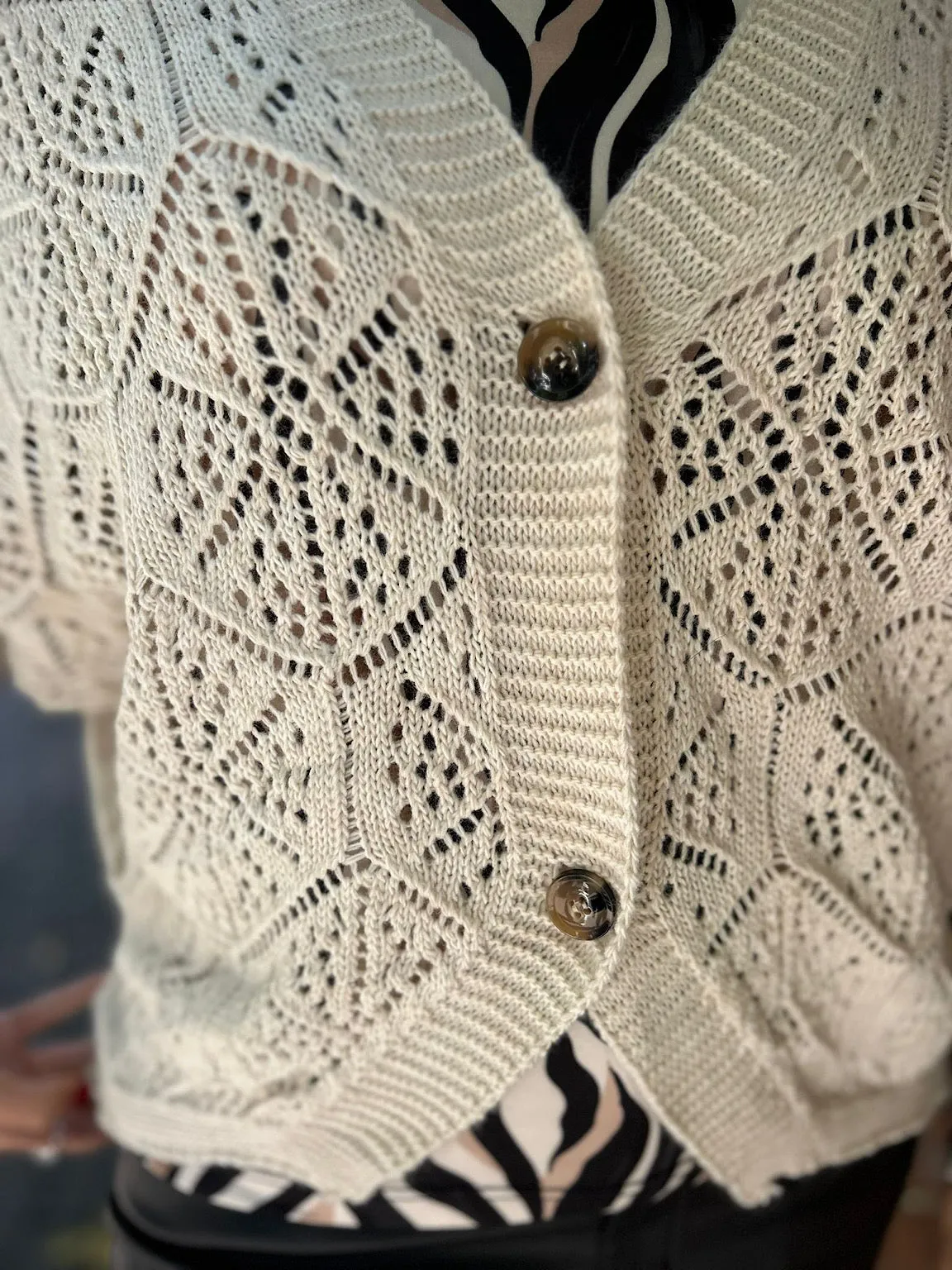 Antique Cream Patterned Crochet Jacket Tia