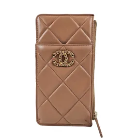 AP1182 Dark Beige Quilted Lambskin Leather Chanel 19 Phone & Card Holder