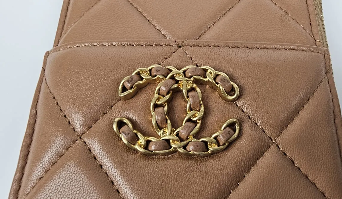 AP1182 Dark Beige Quilted Lambskin Leather Chanel 19 Phone & Card Holder