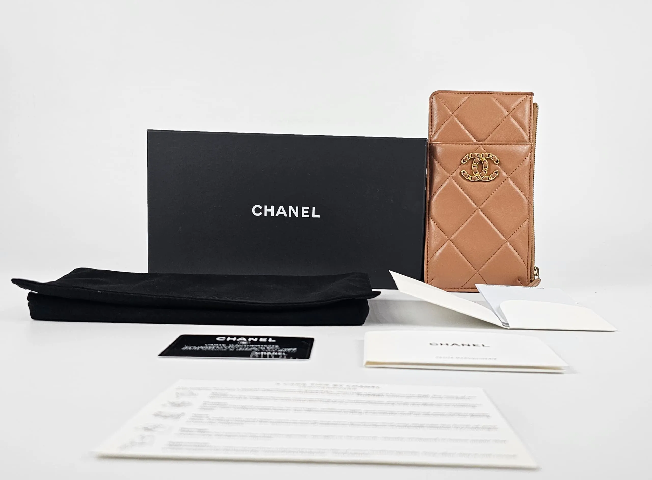 AP1182 Dark Beige Quilted Lambskin Leather Chanel 19 Phone & Card Holder