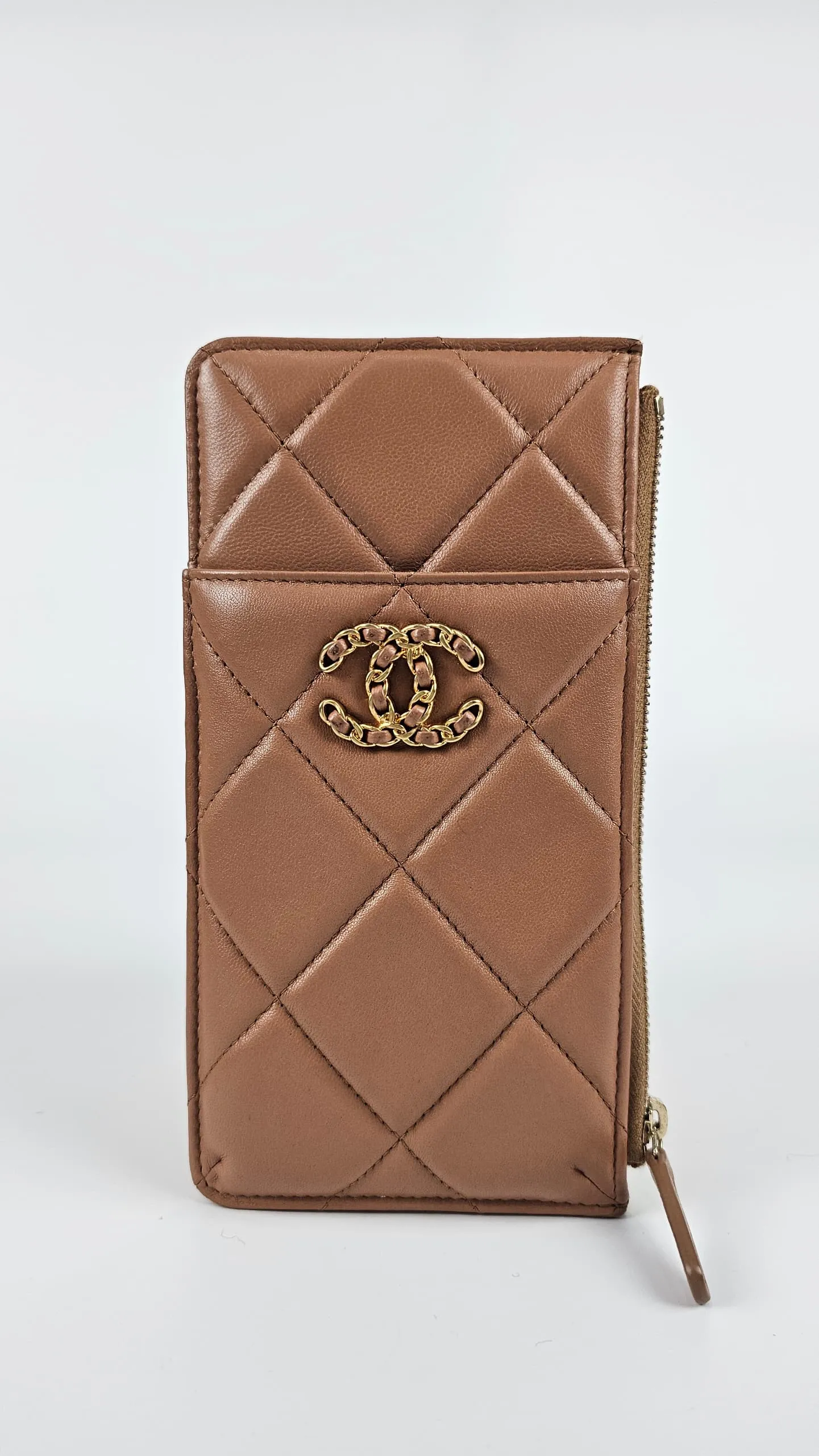 AP1182 Dark Beige Quilted Lambskin Leather Chanel 19 Phone & Card Holder