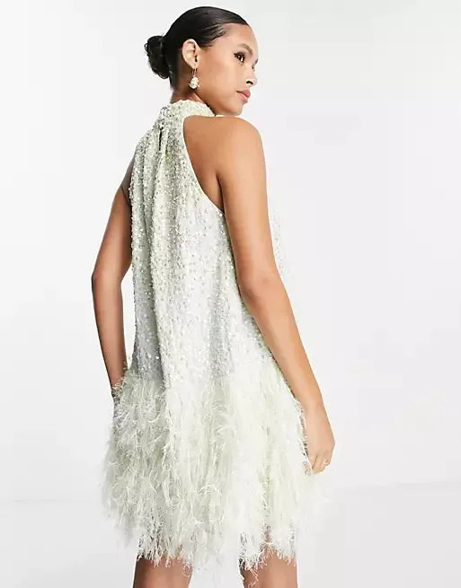 ASOS EDITION sequin halter mini dress Modern with faux feather hem in sage green