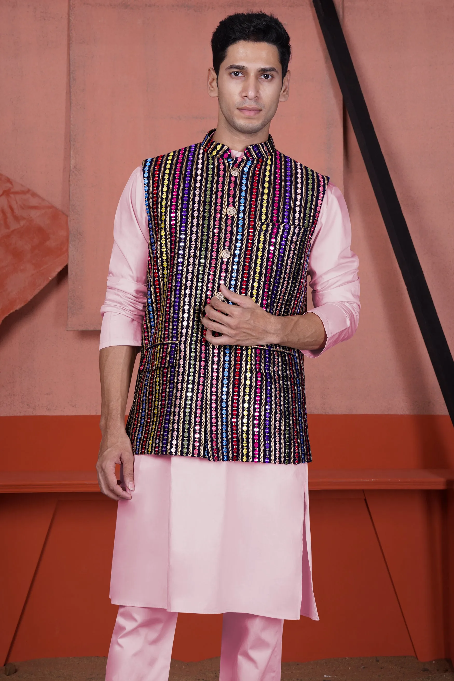 Azalea Pink Kurta with Ebony Blue and Cerise Pink Vertical Thread and Sequin Embroidered Designer Nehru Jacket
