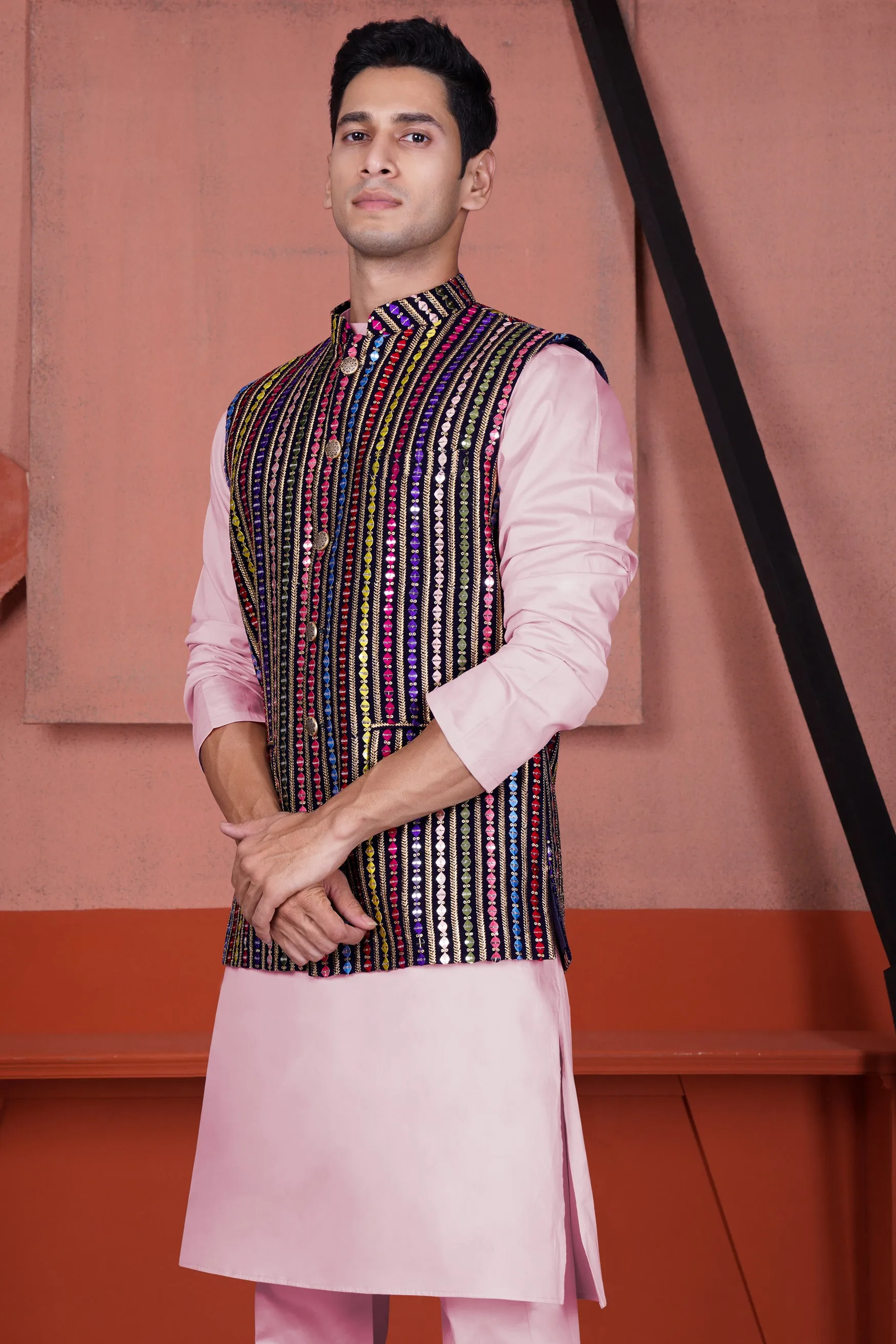 Azalea Pink Kurta with Ebony Blue and Cerise Pink Vertical Thread and Sequin Embroidered Designer Nehru Jacket