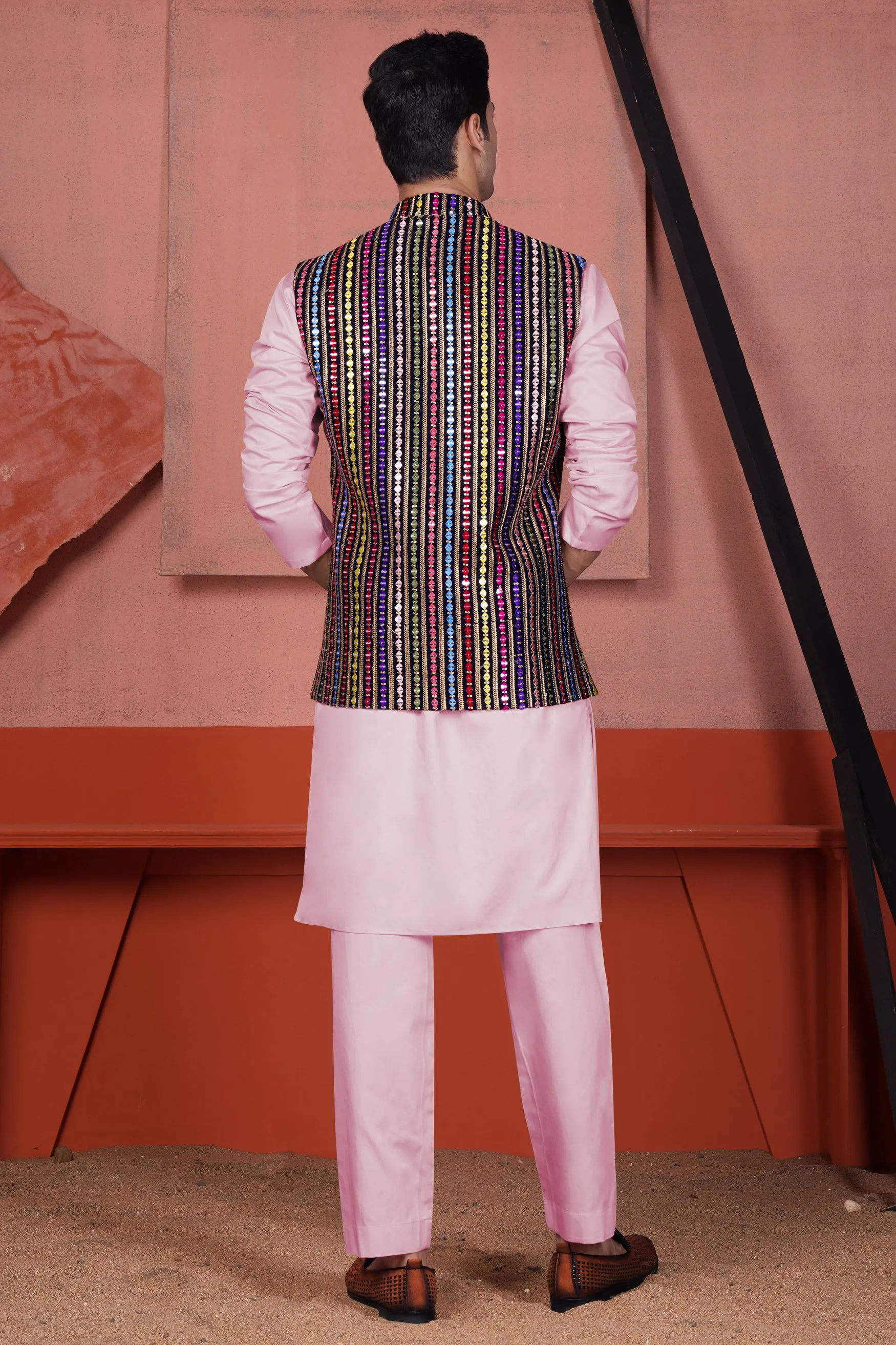 Azalea Pink Kurta with Ebony Blue and Cerise Pink Vertical Thread and Sequin Embroidered Designer Nehru Jacket