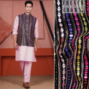 Azalea Pink Kurta with Ebony Blue and Cerise Pink Vertical Thread and Sequin Embroidered Designer Nehru Jacket