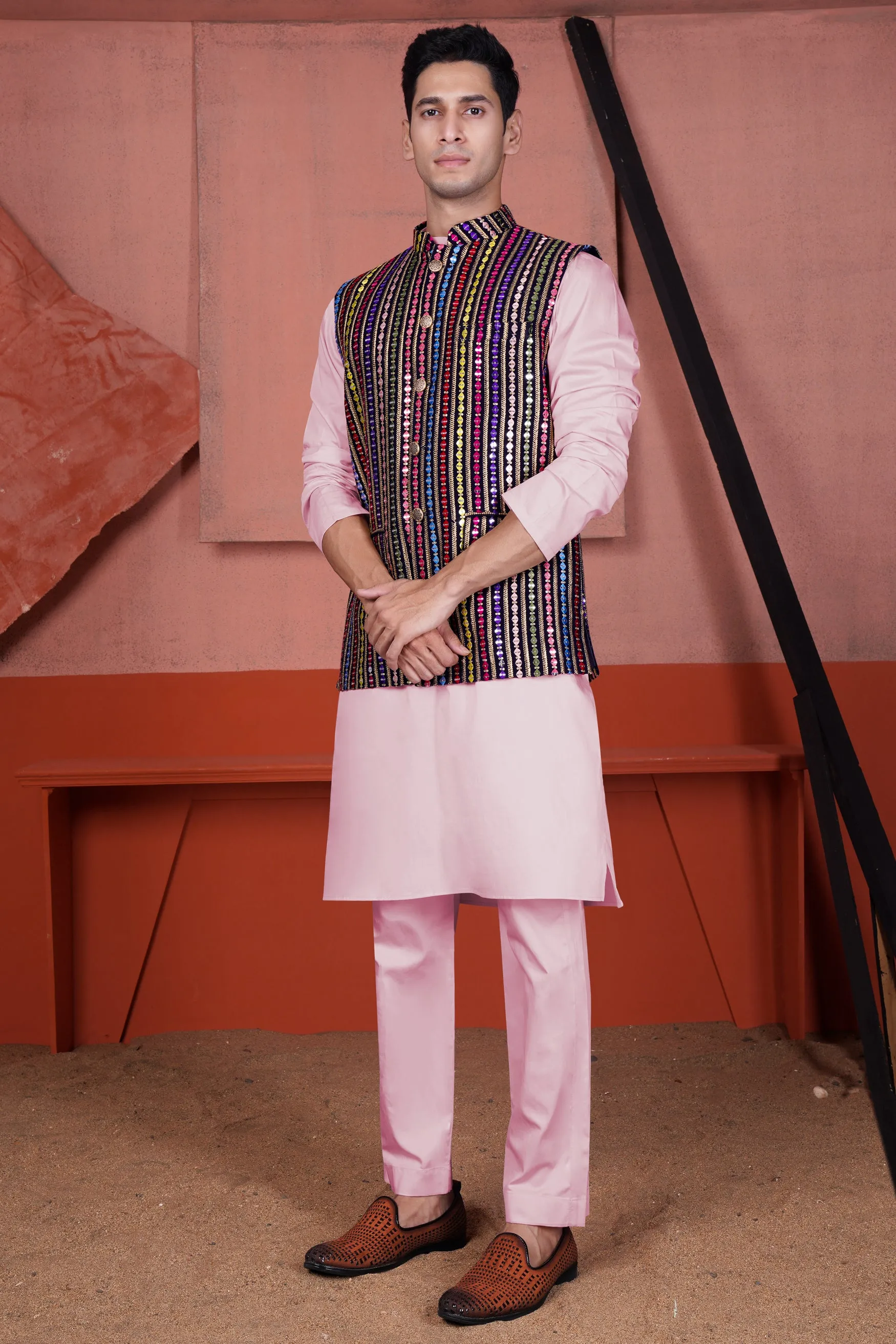 Azalea Pink Kurta with Ebony Blue and Cerise Pink Vertical Thread and Sequin Embroidered Designer Nehru Jacket