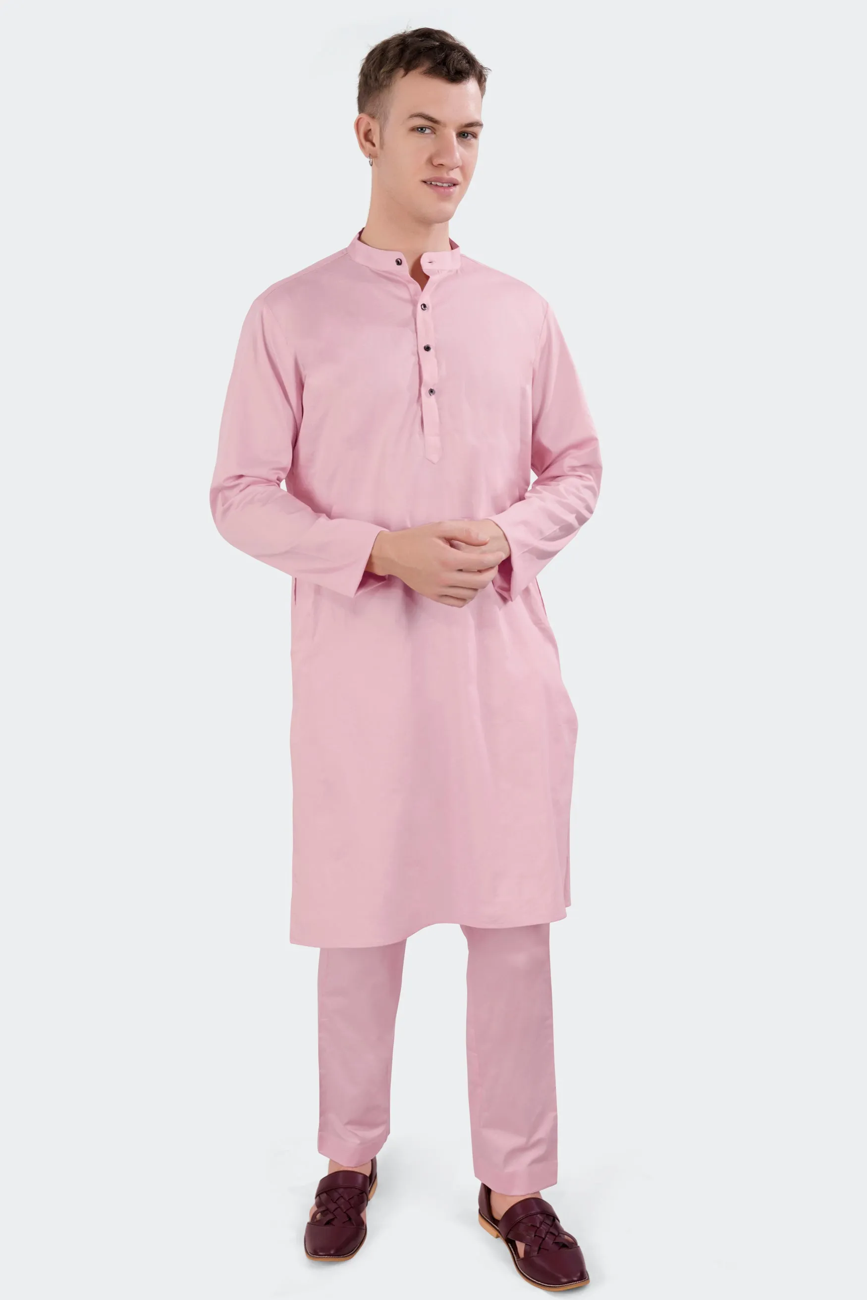 Azalea Pink Kurta with Ebony Blue and Cerise Pink Vertical Thread and Sequin Embroidered Designer Nehru Jacket