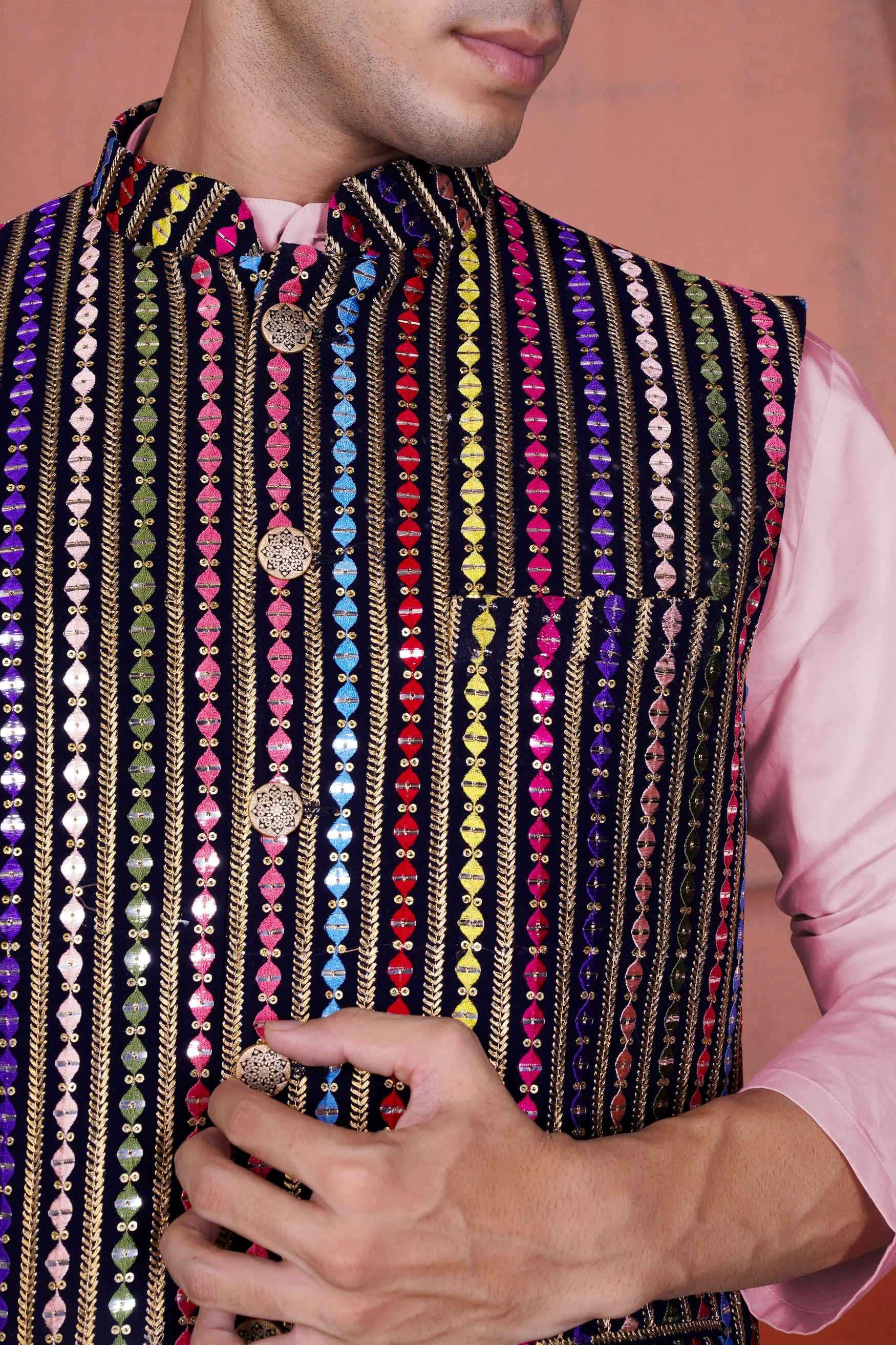 Azalea Pink Kurta with Ebony Blue and Cerise Pink Vertical Thread and Sequin Embroidered Designer Nehru Jacket