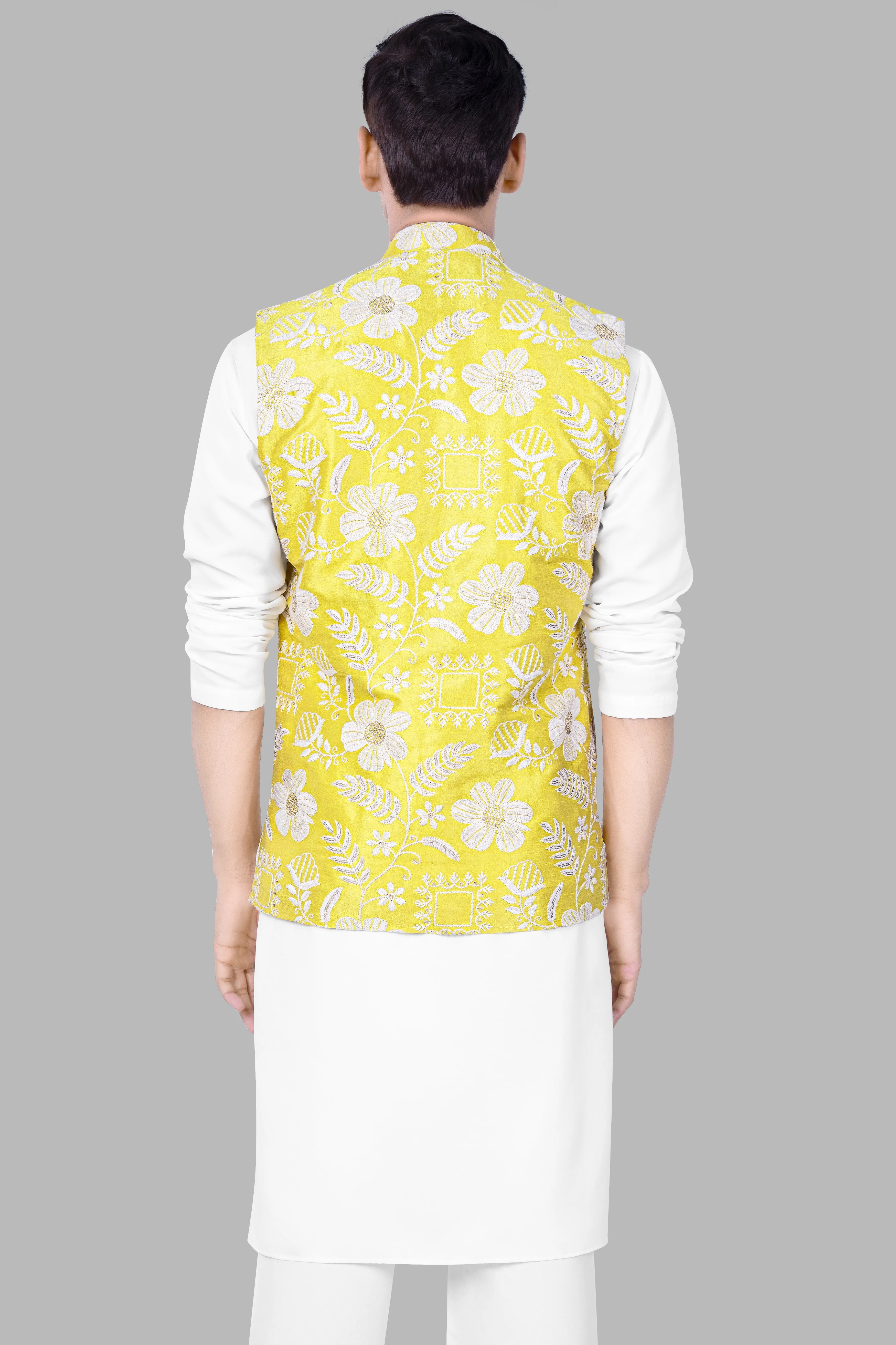 Bisque Beige Kurta Set With Dandelion Yellow And Bright White Floral Sequin And Thread Embroidered Nehru Jacket