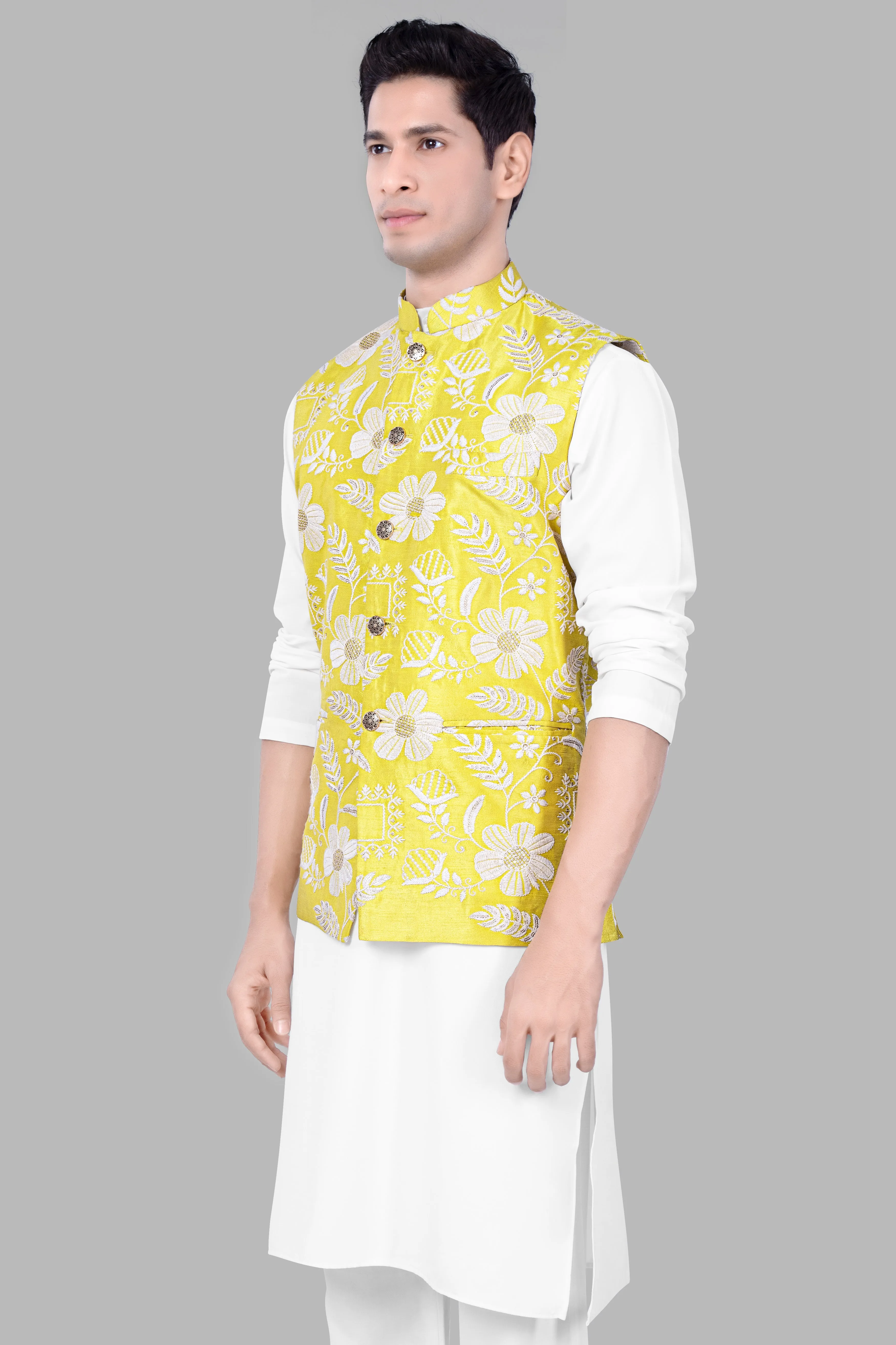 Bisque Beige Kurta Set With Dandelion Yellow And Bright White Floral Sequin And Thread Embroidered Nehru Jacket