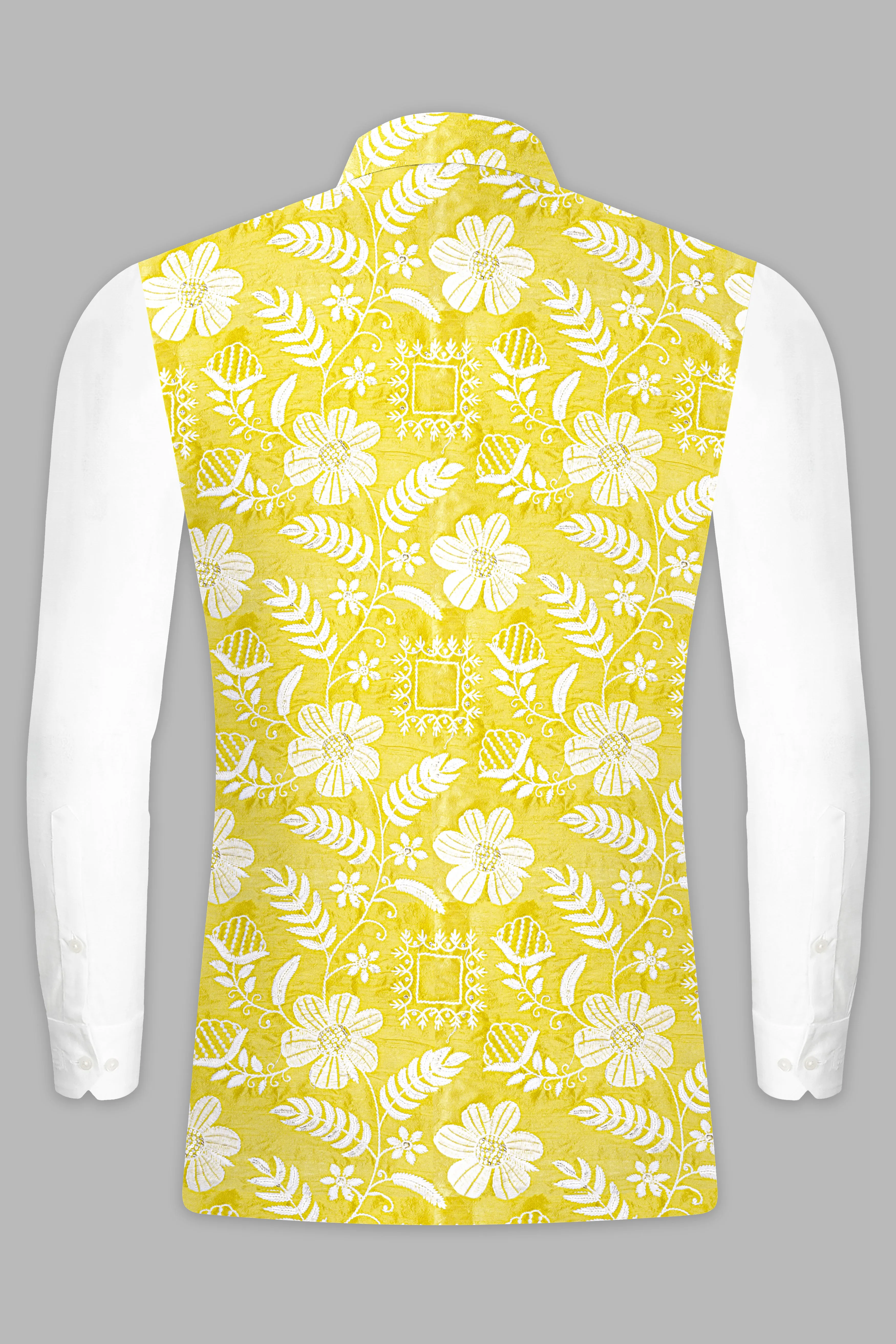 Bisque Beige Kurta Set With Dandelion Yellow And Bright White Floral Sequin And Thread Embroidered Nehru Jacket
