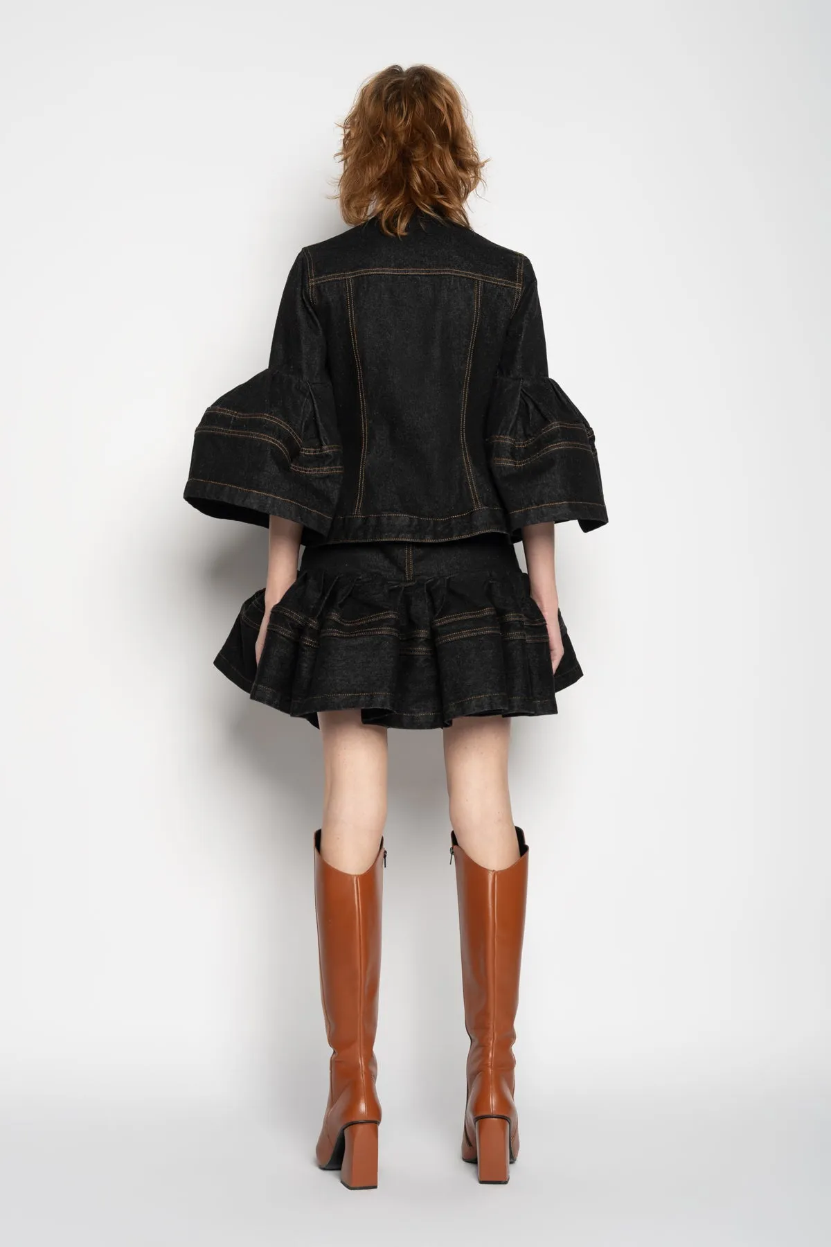 BLACK DENIM SHORT SKIRT WITH FLOUNCE