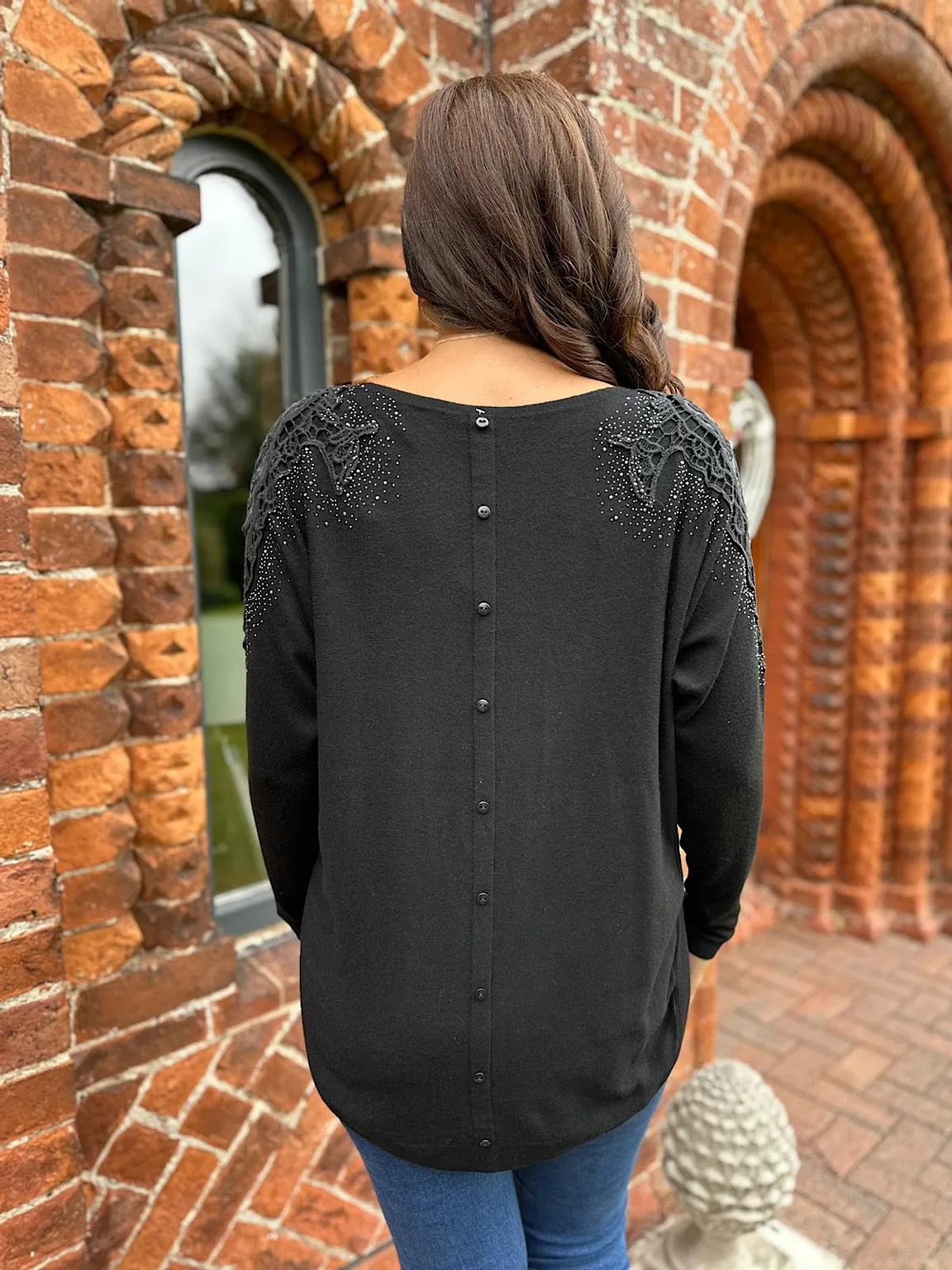 Black Diamante Crochet Pocket Knit Lola