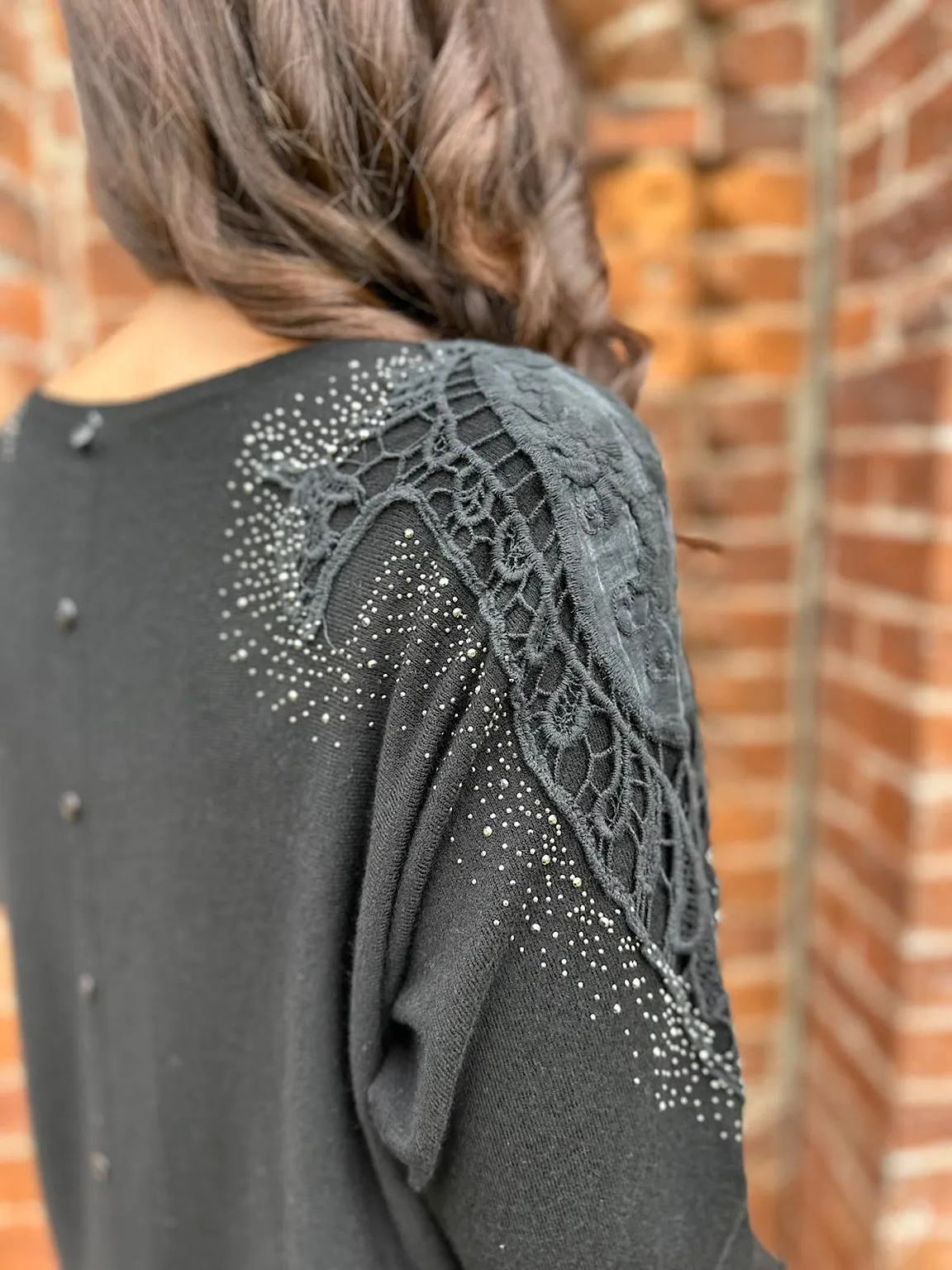 Black Diamante Crochet Pocket Knit Lola
