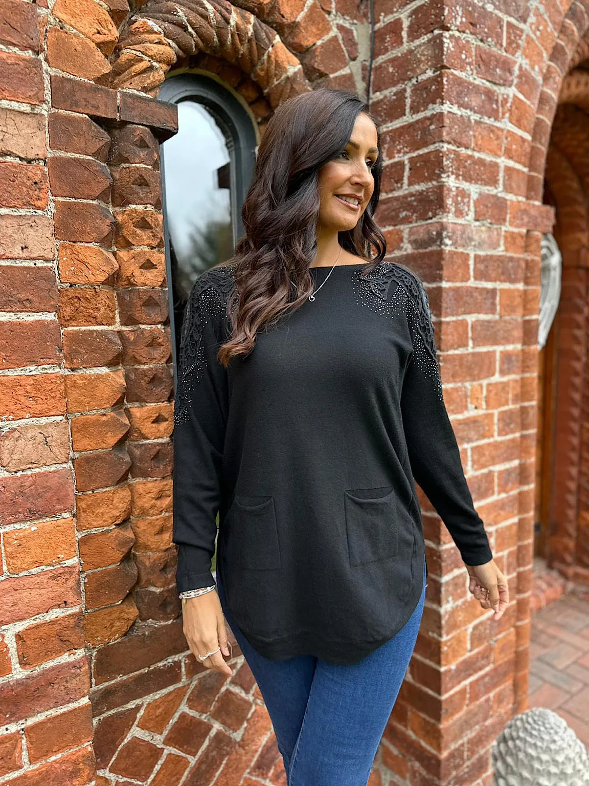 Black Diamante Crochet Pocket Knit Lola