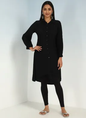 Black Kurti with Curved Hem and Pleated Sleeves