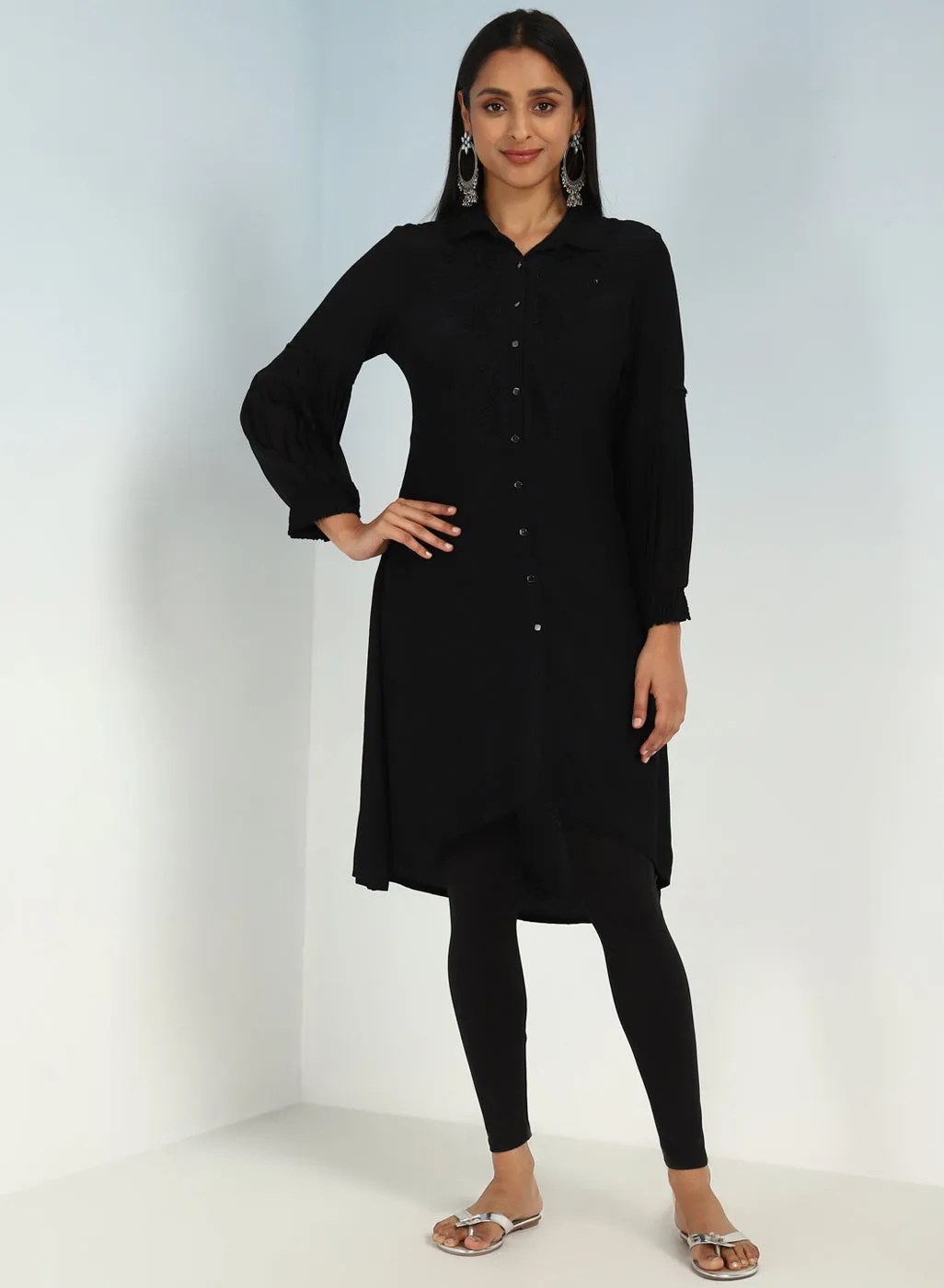 Black Kurti with Curved Hem and Pleated Sleeves