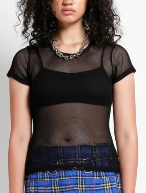 Black Short Sleeved Cropped Fishnet Baby Tee