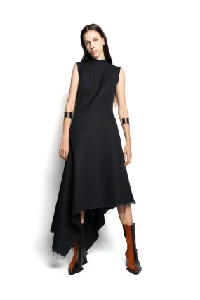 BLACK WOVEN SLEEVELESS DRESS WITH ASYMMETRIC HEM