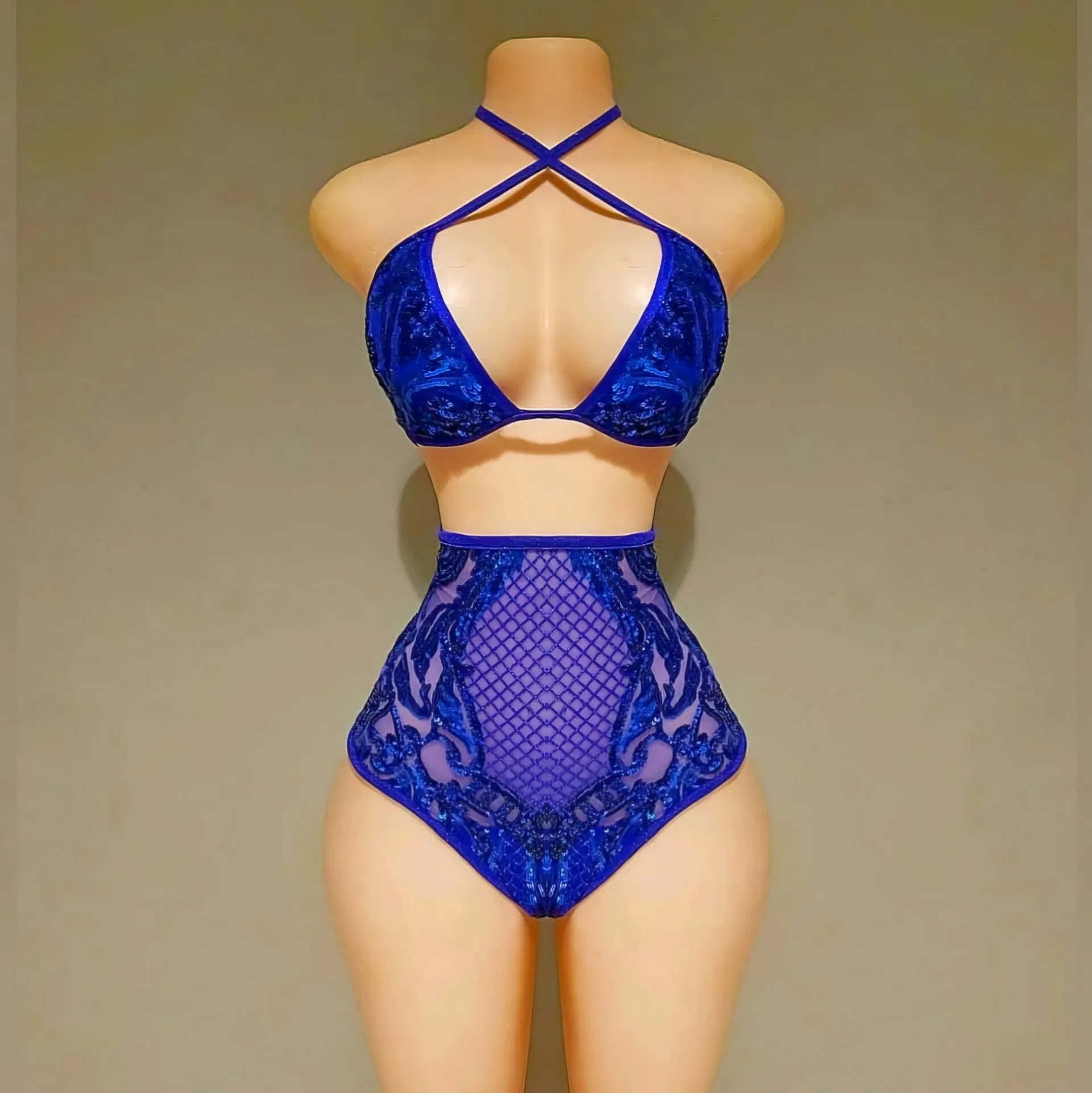 Bleu sequin two piece swimsuit