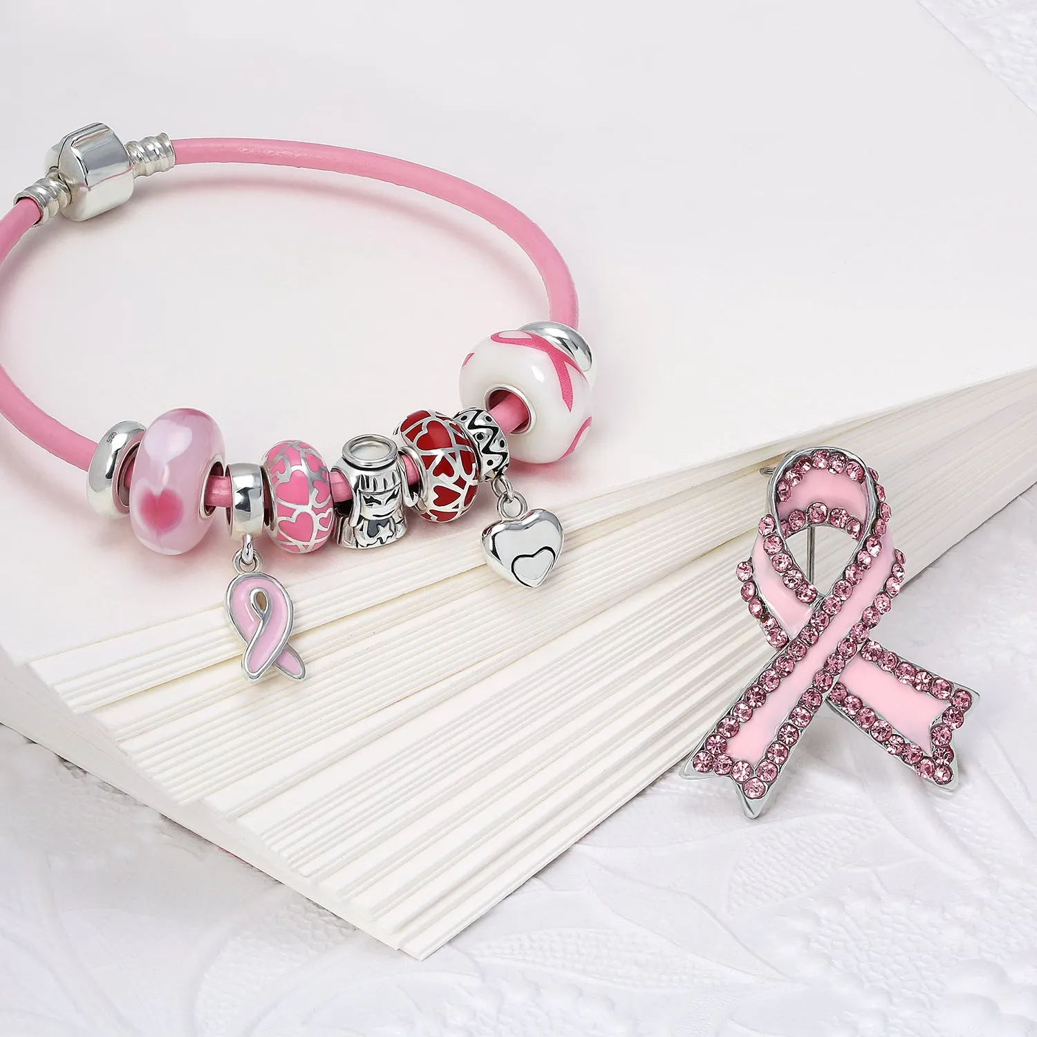 Breast Cancer Pink Ribbon Bead Charm Pink Leather Bracelet .925 Silver