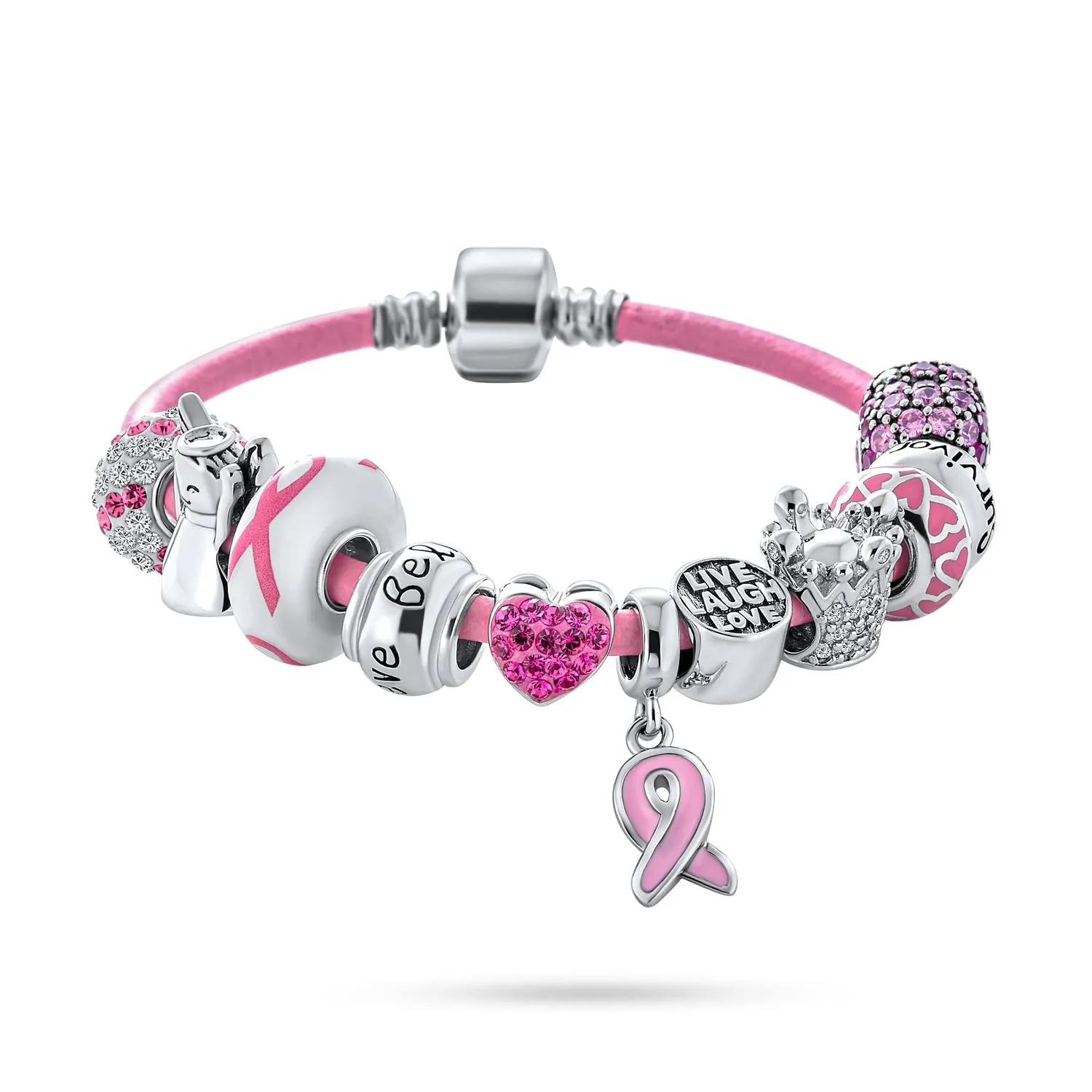 Breast Cancer Pink Ribbon Bead Charm Pink Leather Bracelet .925 Silver