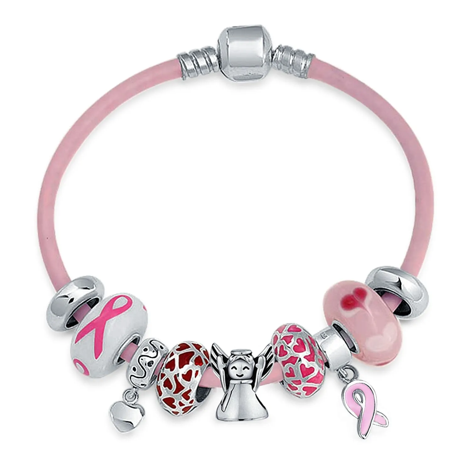 Breast Cancer Pink Ribbon Bead Charm Pink Leather Bracelet .925 Silver