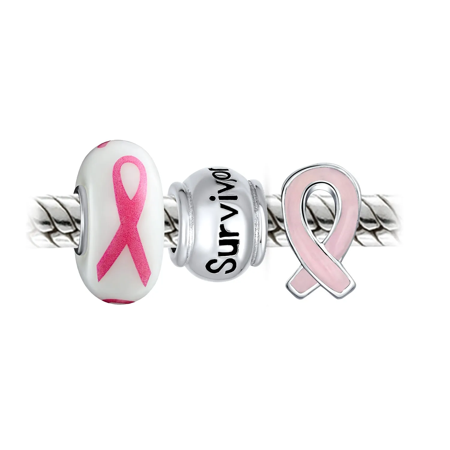 Breast Cancer Pink Ribbon Bead Charm Pink Leather Bracelet .925 Silver