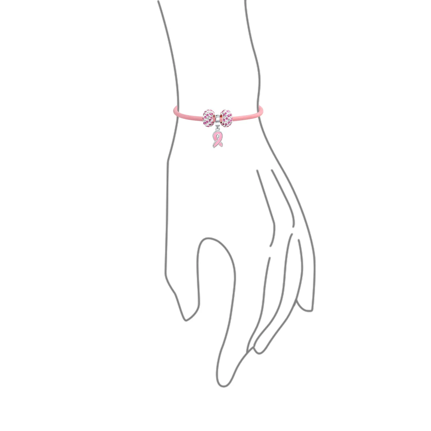 Breast Cancer Pink Ribbon Bead Charm Pink Leather Bracelet .925 Silver