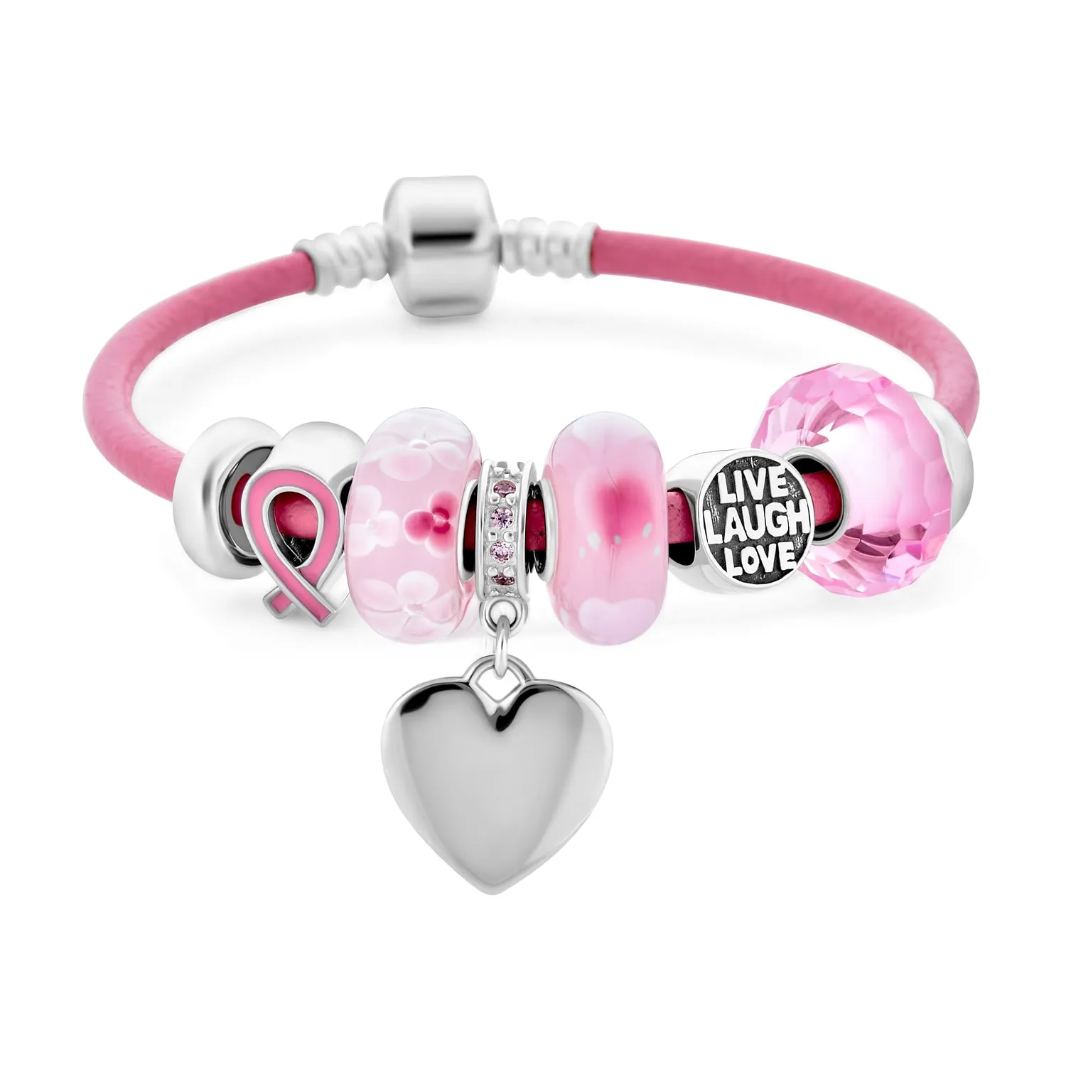 Breast Cancer Pink Ribbon Bead Charm Pink Leather Bracelet .925 Silver