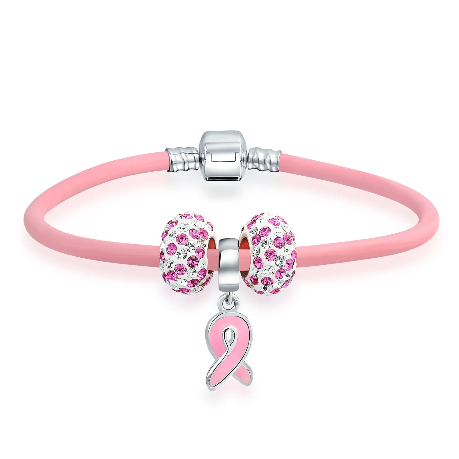 Breast Cancer Pink Ribbon Bead Charm Pink Leather Bracelet .925 Silver