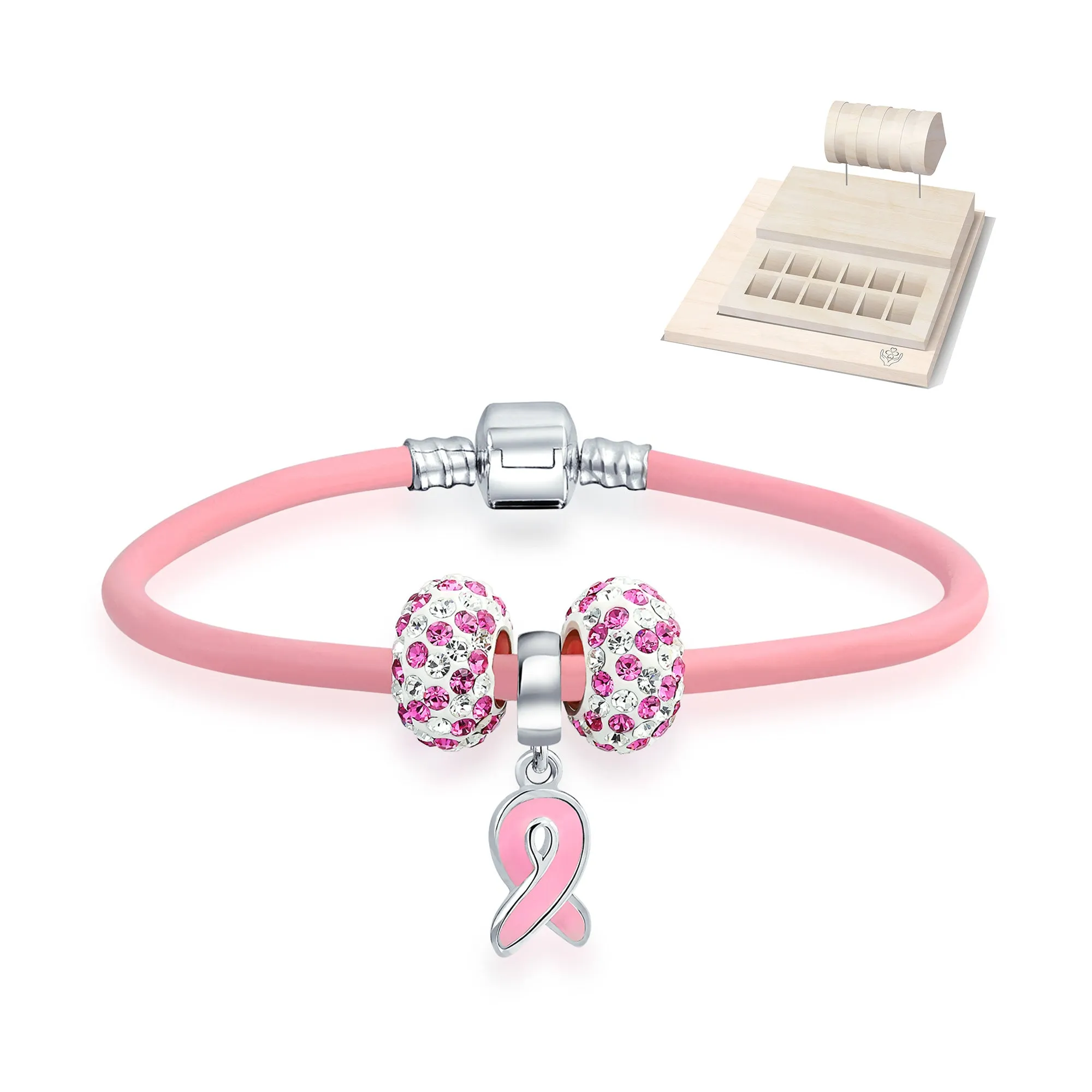 Breast Cancer Pink Ribbon Bead Charm Pink Leather Bracelet .925 Silver