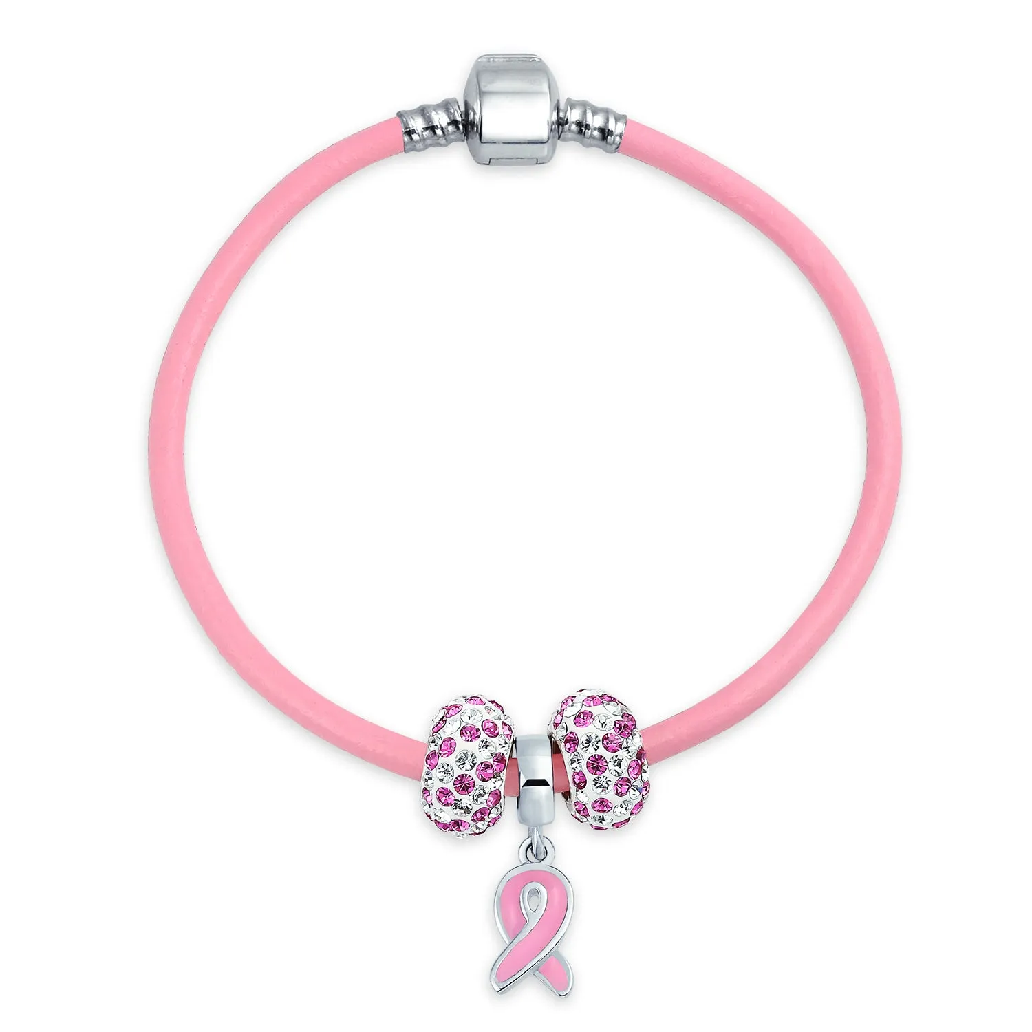 Breast Cancer Pink Ribbon Bead Charm Pink Leather Bracelet .925 Silver