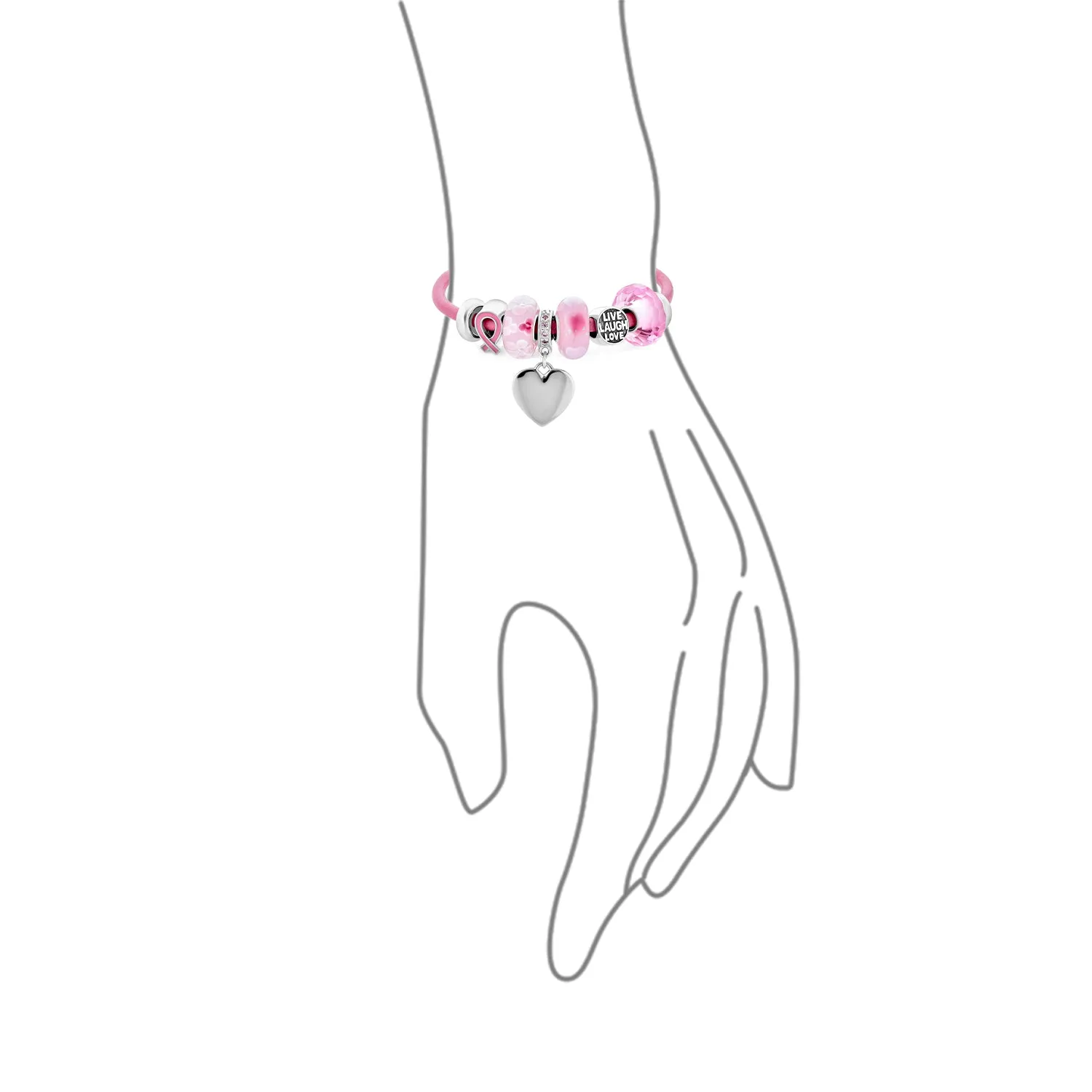 Breast Cancer Pink Ribbon Bead Charm Pink Leather Bracelet .925 Silver