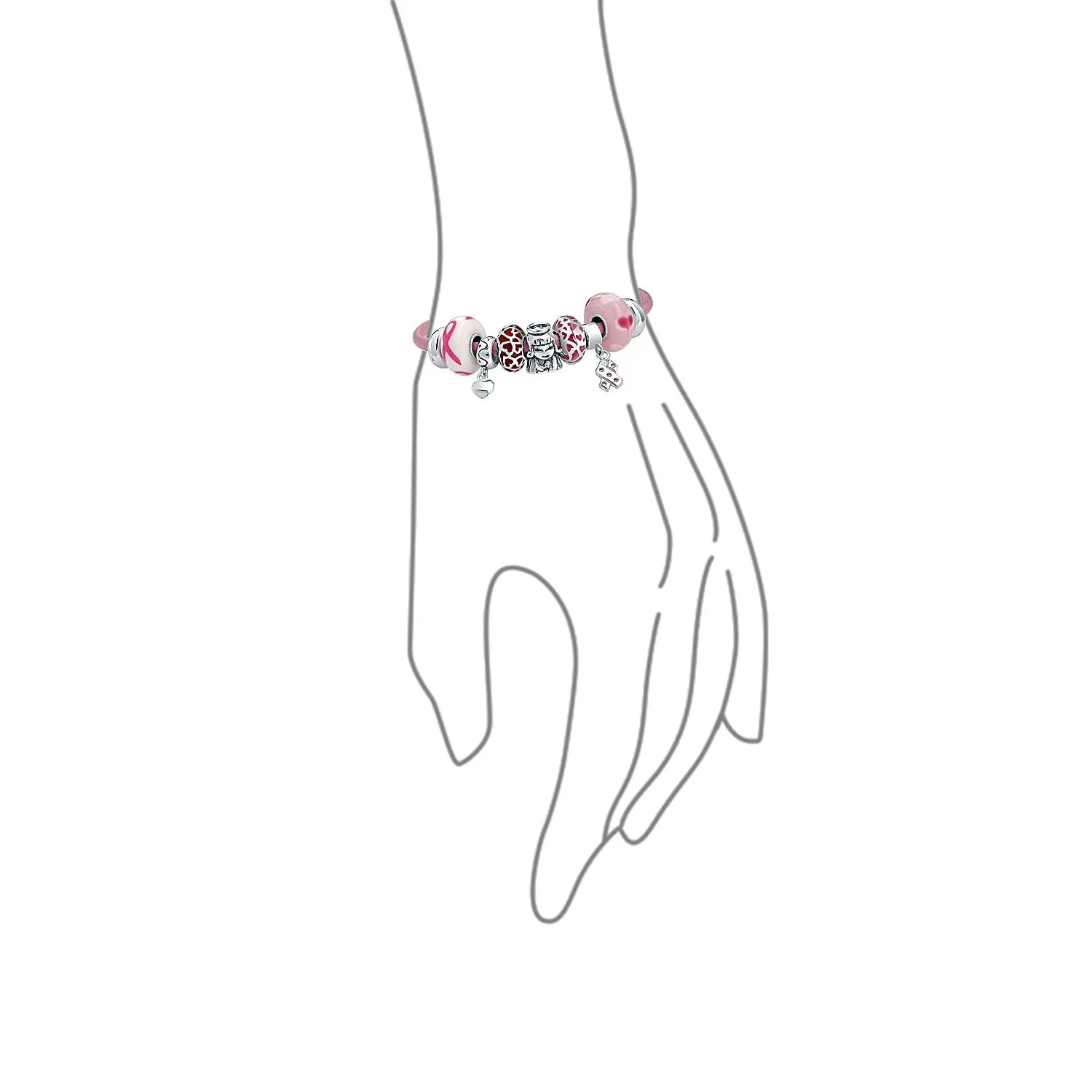 Breast Cancer Pink Ribbon Bead Charm Pink Leather Bracelet .925 Silver
