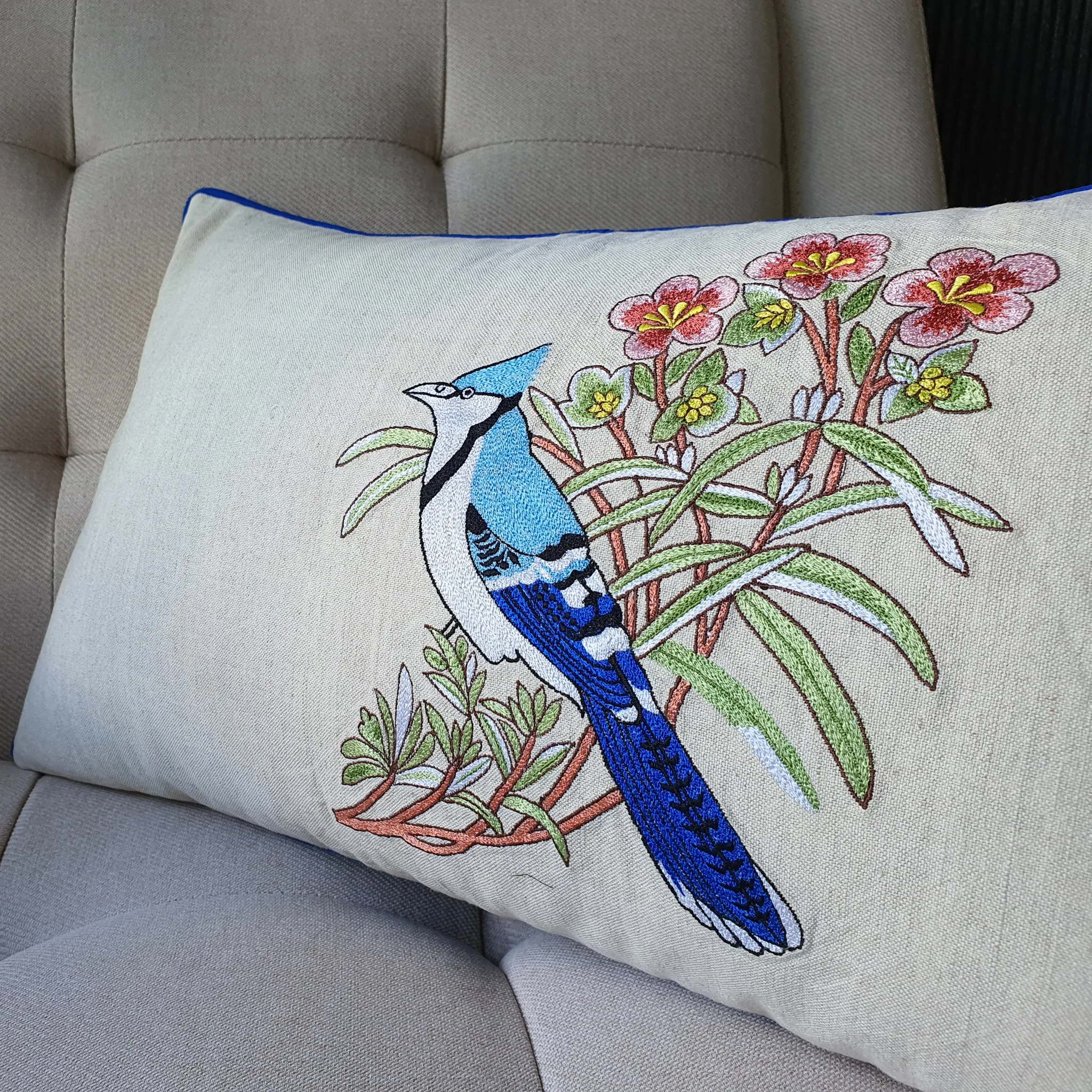 Bulbul Cushion Cover , Embroidered Bird Pillow Cover
