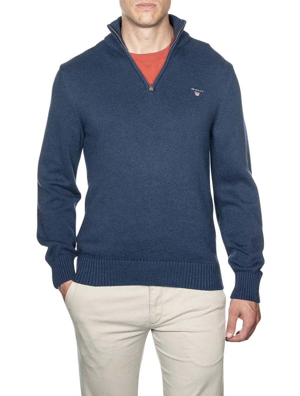 Casual Cotton Half Zip Marine Melange