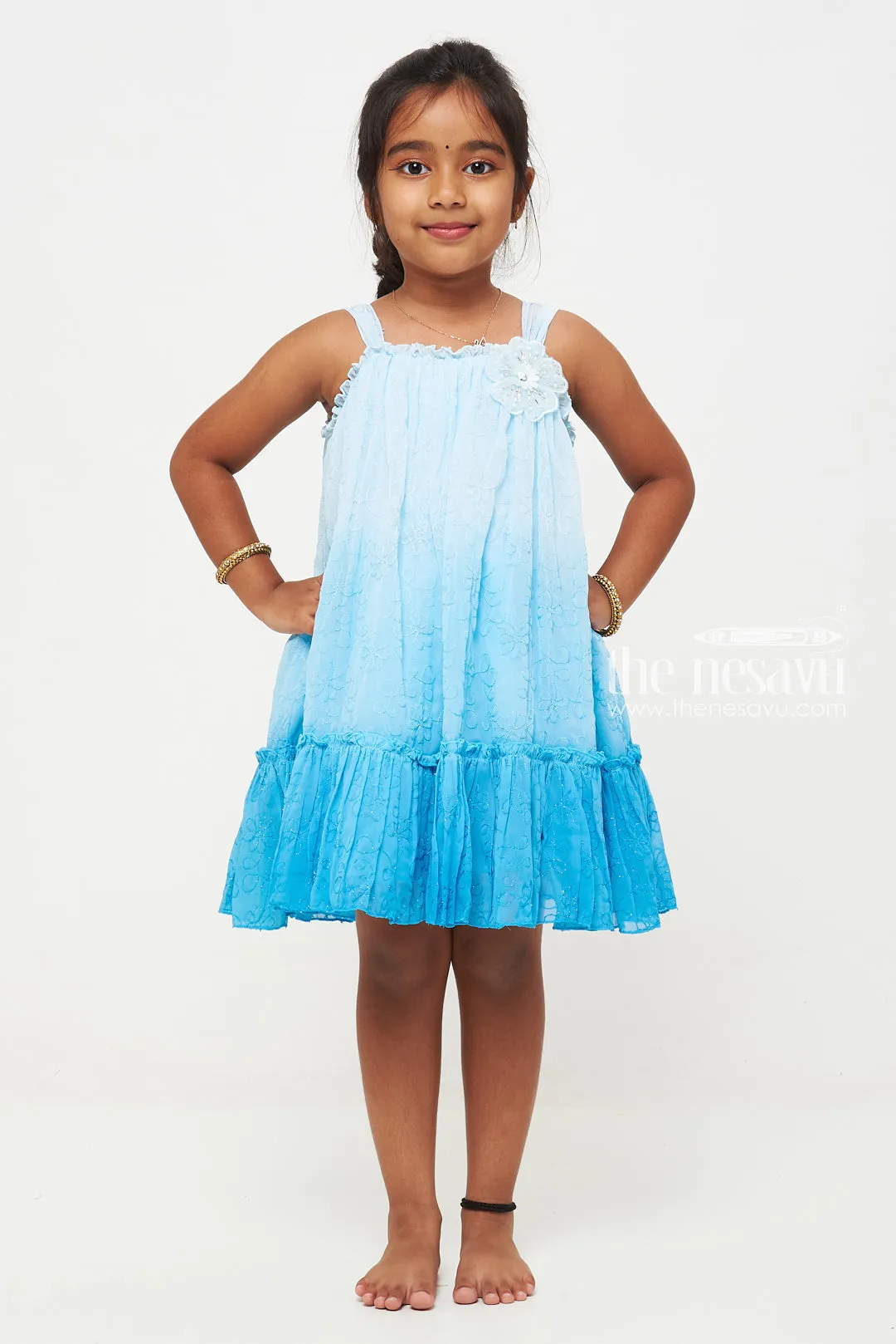 Charming Blue Ombre Floral Dress for Girls