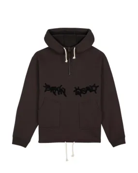 Chenille Embroidered Half Zip Hoodie - Black
