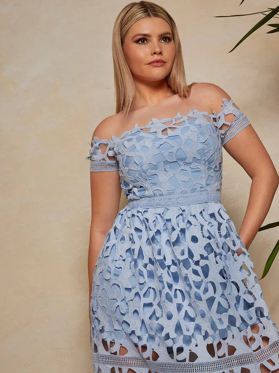 Chi Chi Bardot Lace Midi Crochet Dress in Blue