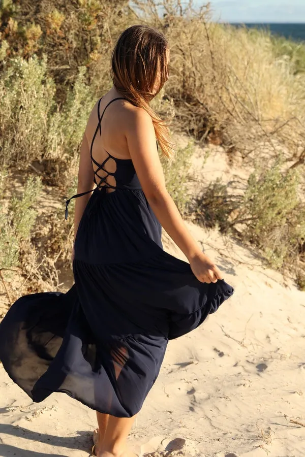 Clara Chiffon Girls Maxi Dress Indigo Blue